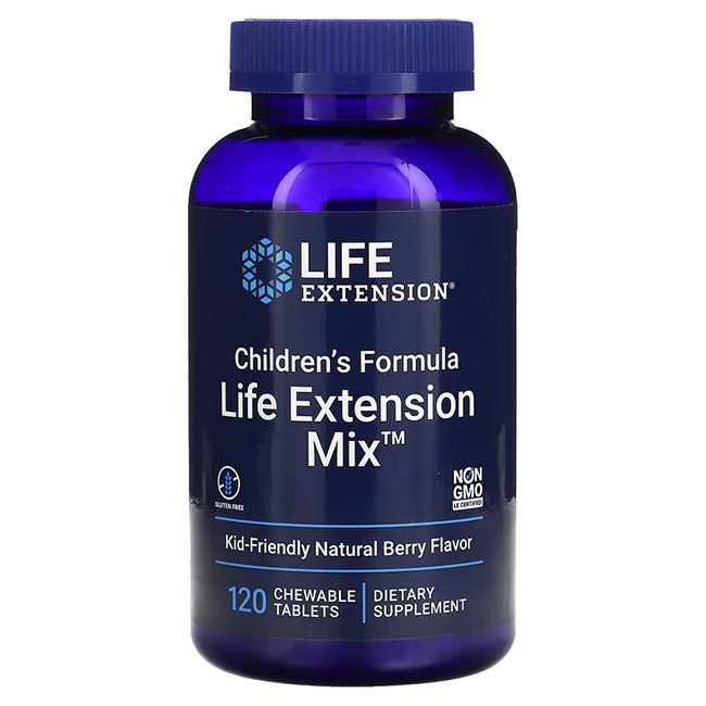 Blaue Flasche mit Tabletten. Aufschrift: LIFE EXTENSION, Kinderformel Life Extension Mix. 120 Tabletten.