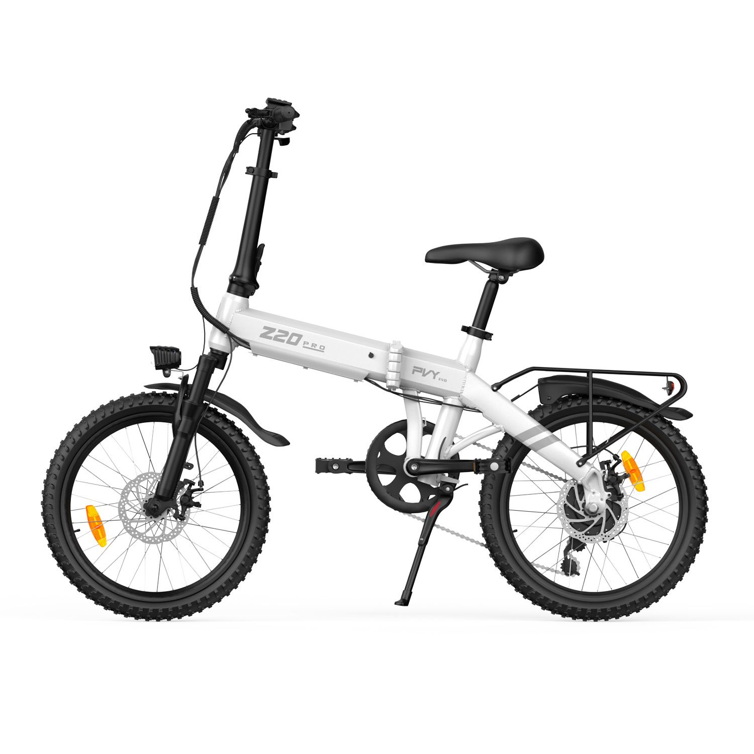 Faltbares E-Bike, weiß mit schwarzen Elementen. Z20-Logo, PVY-Logo, Gepäckträger, Scheinwerfer, Schutzbleche.