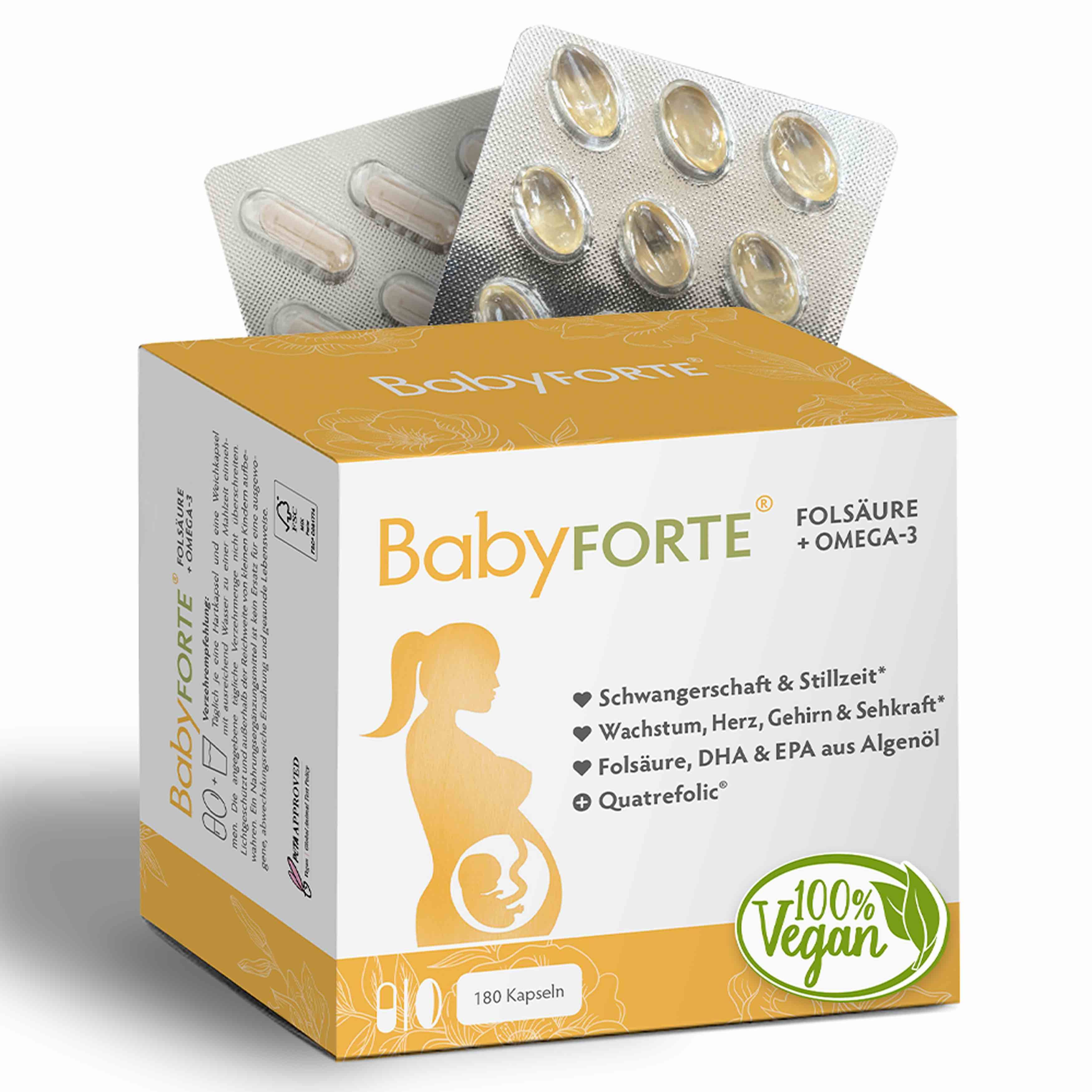 BabyFORTE Packung mit 180 Kapseln. Text: Folsäure + Omega-3, 100% vegan. Blisterpackungen mit Kapseln.