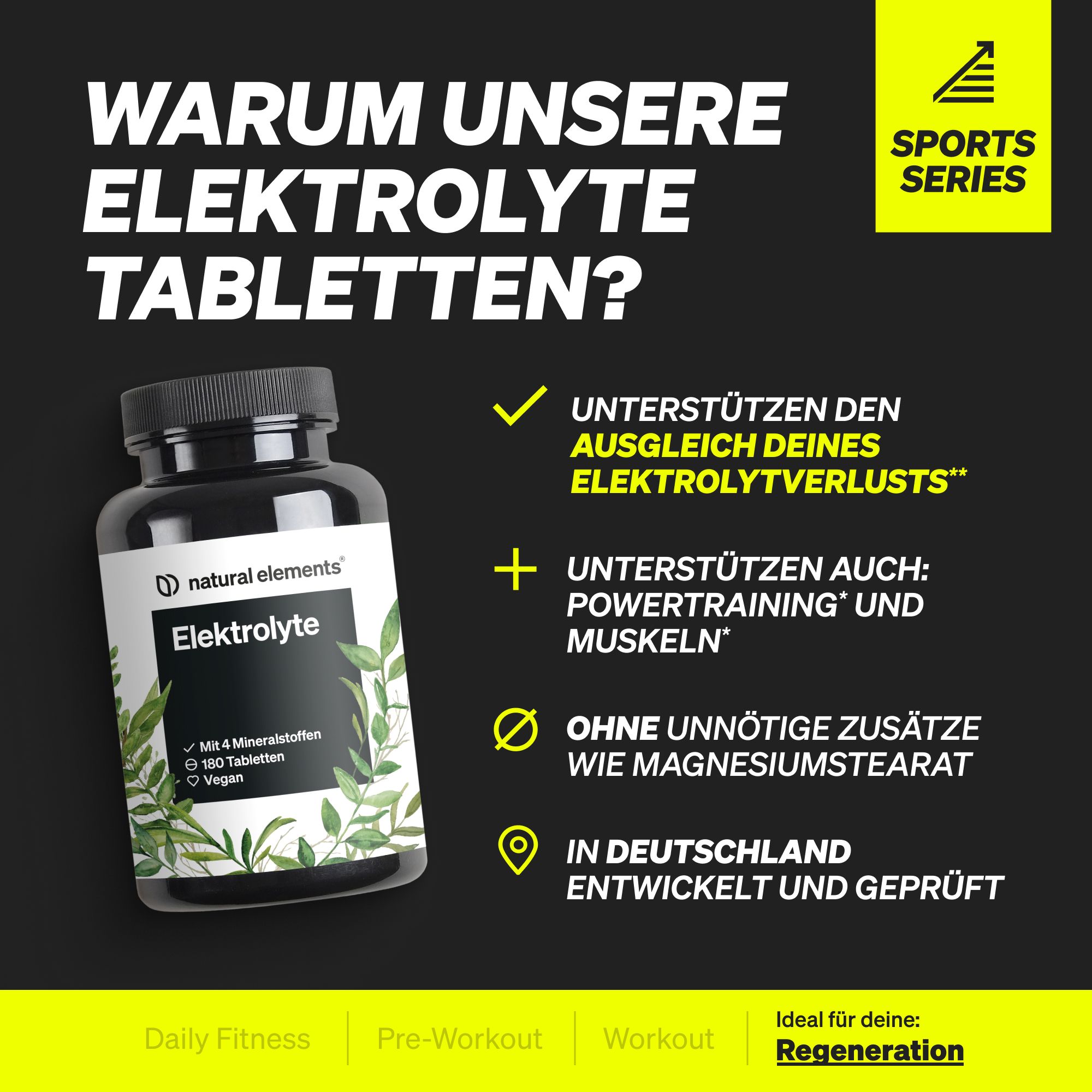 Schwarze Flasche "Elektrolyte" von Natural Elements. Enthält 180 Tabletten. Text: Unterstützt Elektrolytverlust, Powertraining und Muskeln.
