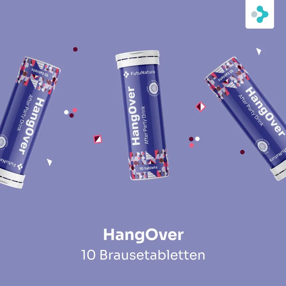 Drei blaue Tuben mit HangOver-Tabletten. 10 Brausetabletten. After Party Drink. FutuNatura Logo.
