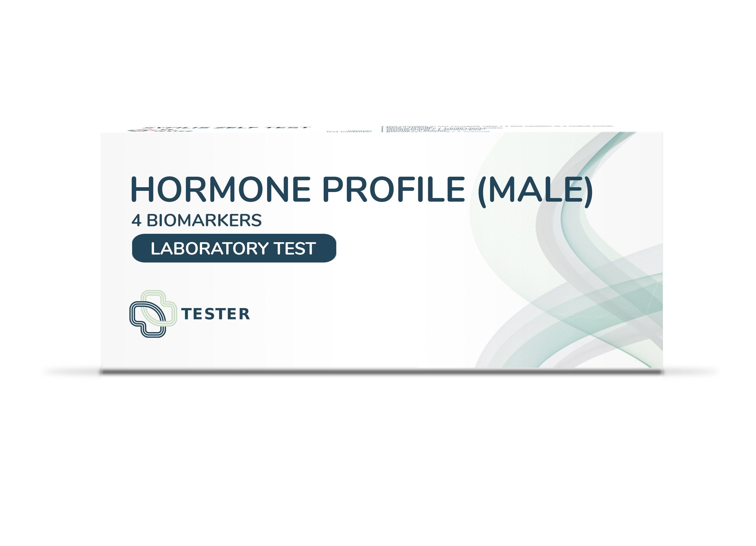 Weißer Karton mit Aufschrift "Hormonprofil (Mann)". Enthält 4 Biomarker. Labor Test. Logo und Schriftzug "Tester".