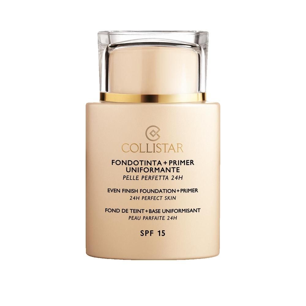 Beige Foundation-Flakon mit transparentem Deckel. Schriftzug: Collistar, Fondotinta + Primer Uniformante, SPF 15.