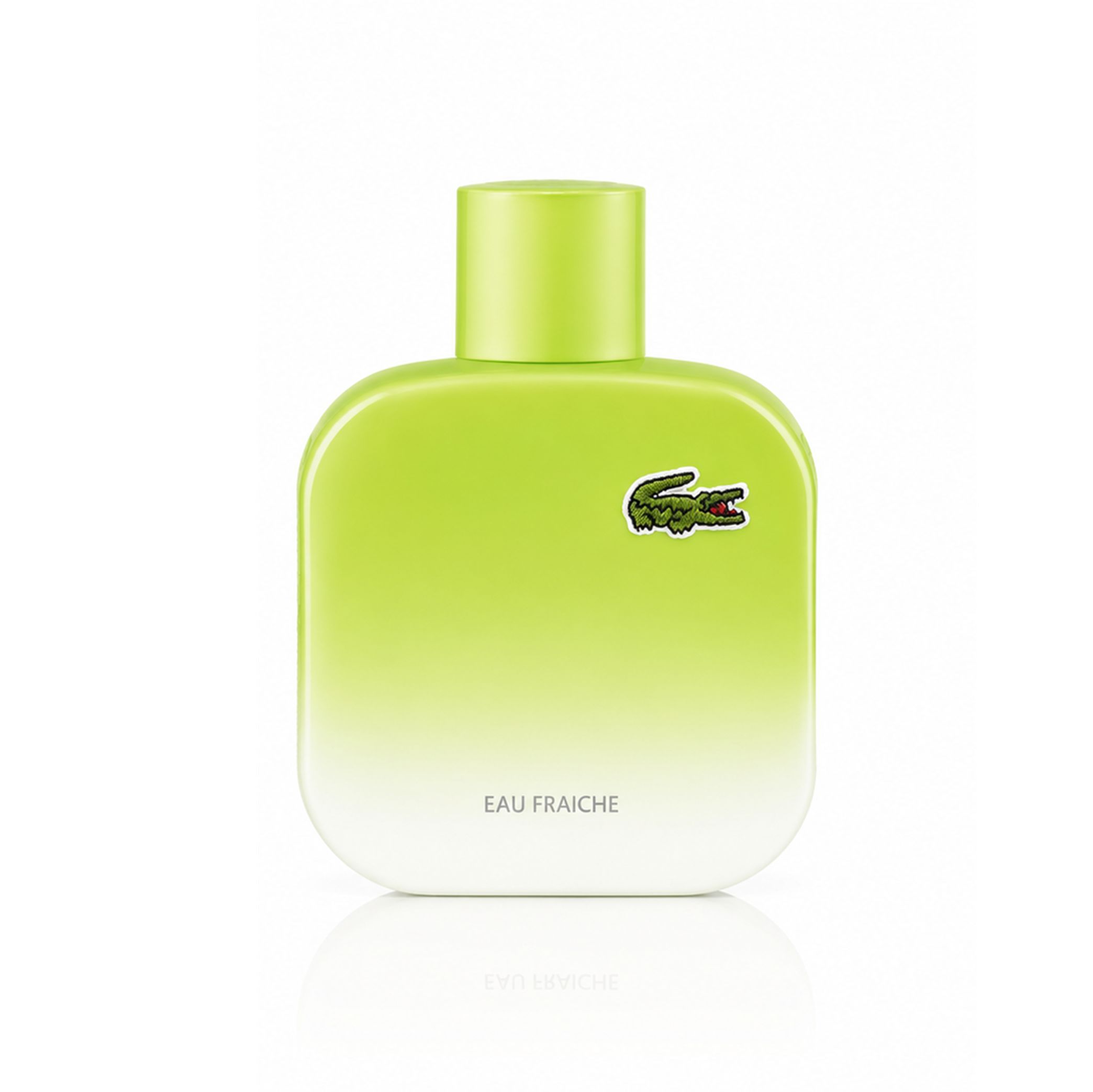 Lacoste Eau Fraiche Flakon mit Krokodil-Logo. Hellgrüner Farbverlauf von oben nach unten.