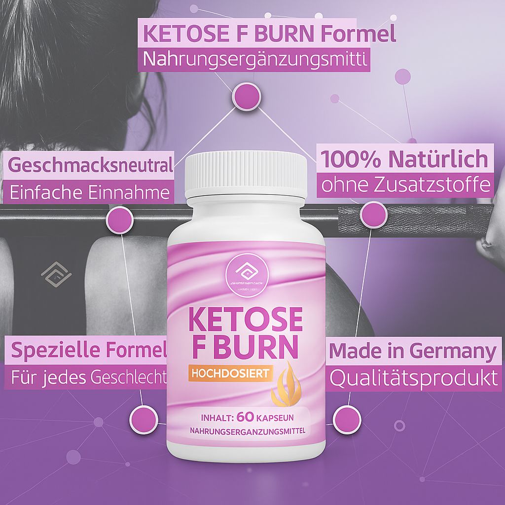 Weiße Flasche mit rosa Etikett. Aufschrift: Ketose F Burn, hochdosiert. Zusatz: 60 Kapseln. Text: Made in Germany, 100% natürlich.