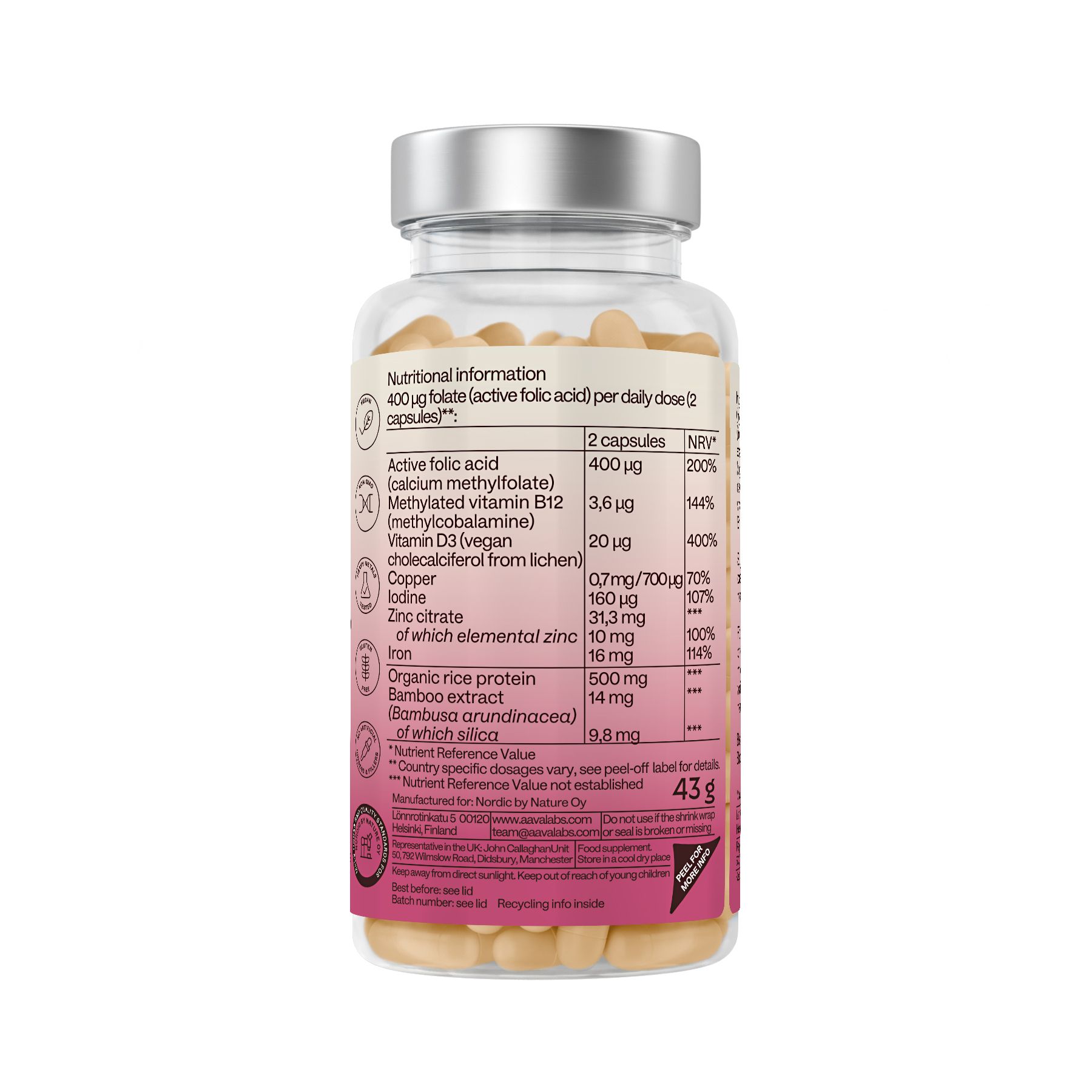 Rückseite der Aavalabs Folsäure-Kapseln. Nährwertangaben. Enthält 400 μg Folsäure, Vitamin B12, Zink, Eisen, Jod.