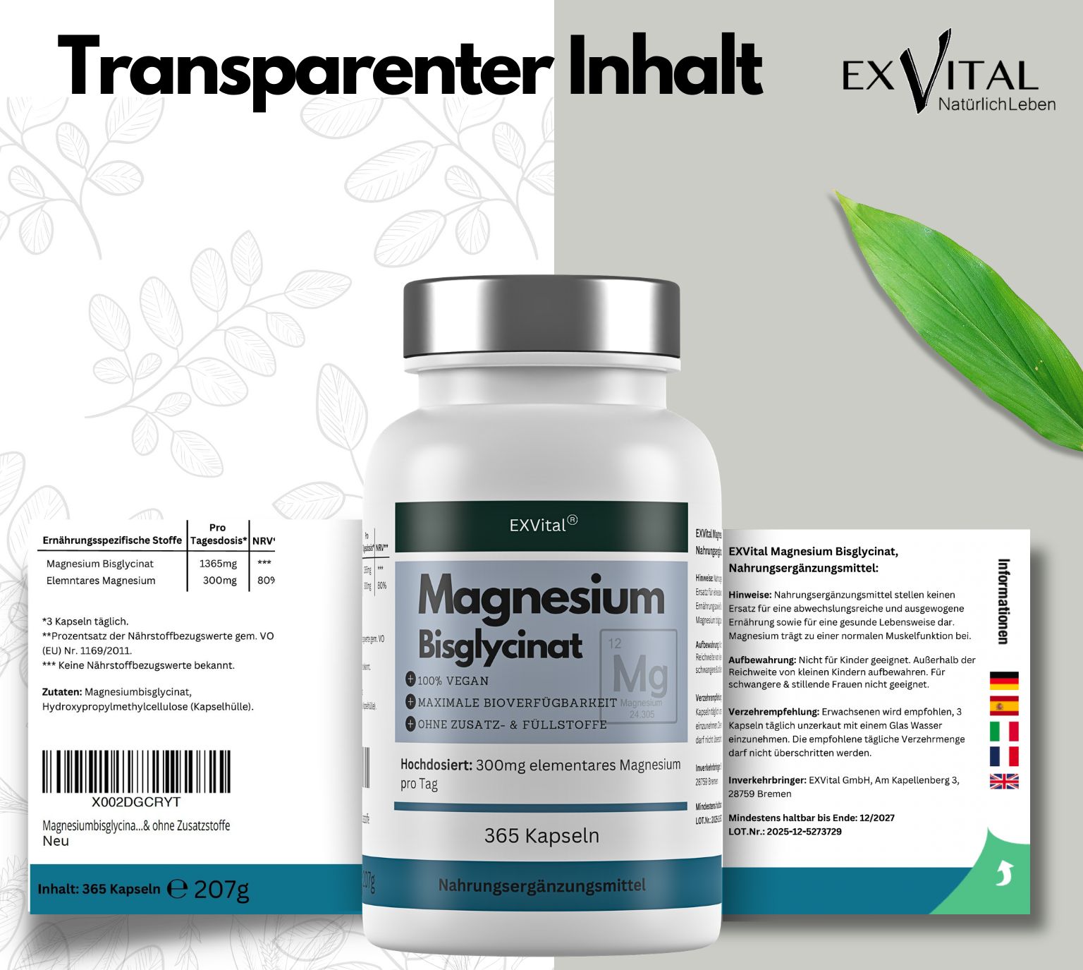 Weiße Flasche mit Magnesium Bisglycinat Kapseln. Text: Transparenter Inhalt, 365 Kapseln, EXVital. Beipackzettel.