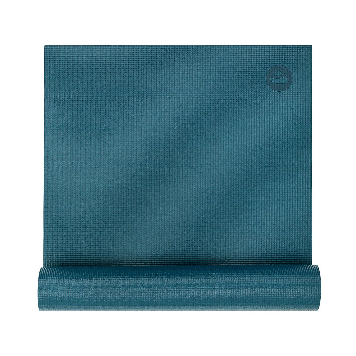 Yogamatte, teilweise gerollt, petrolfarben. Bodhi-Logo. Geriffelte Oberfläche. Teilweise aufgerollt.
