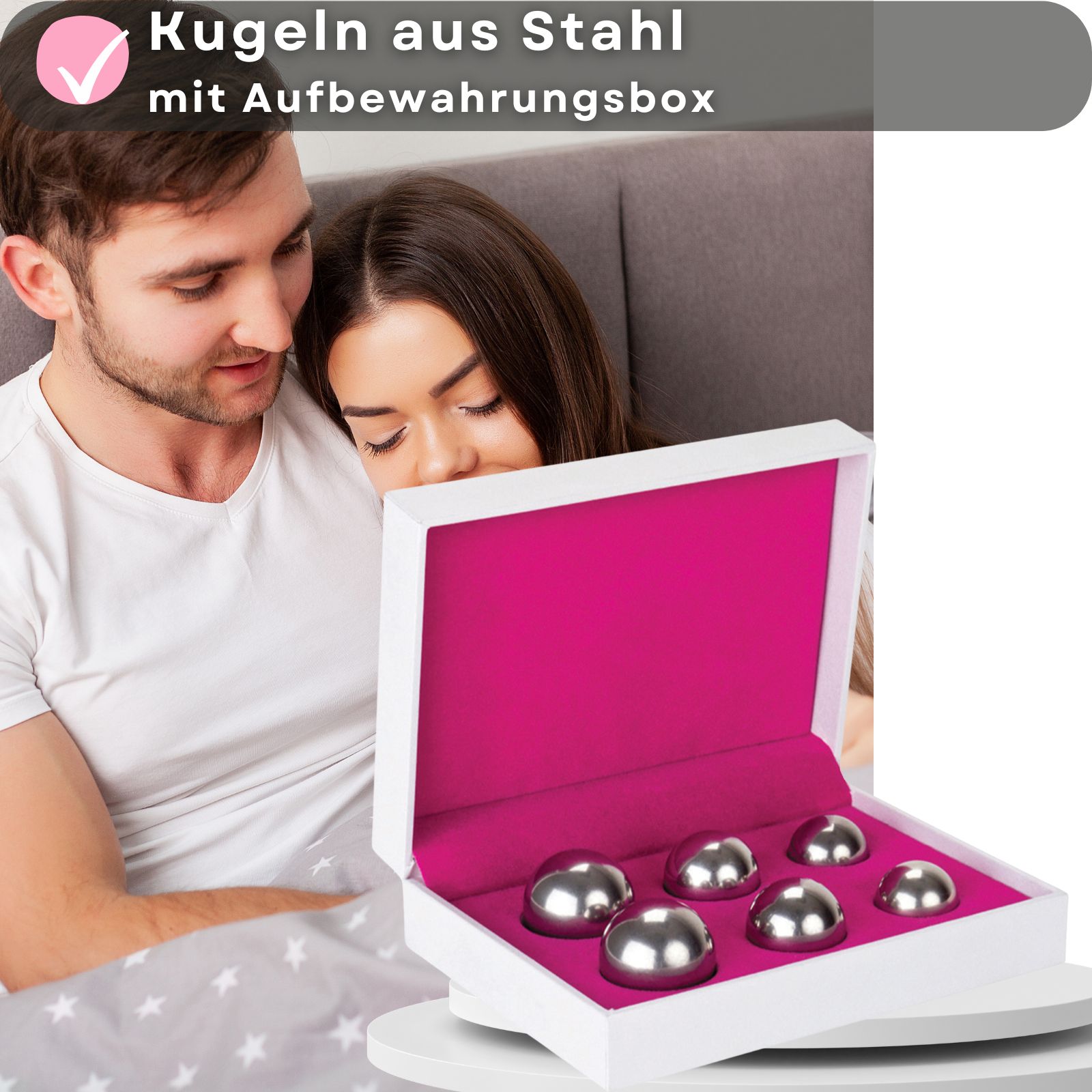 Produktabbildung mit Text: Kugeln aus Stahl mit Aufbewahrungsbox. Paar im Bett, Box mit Kugeln.