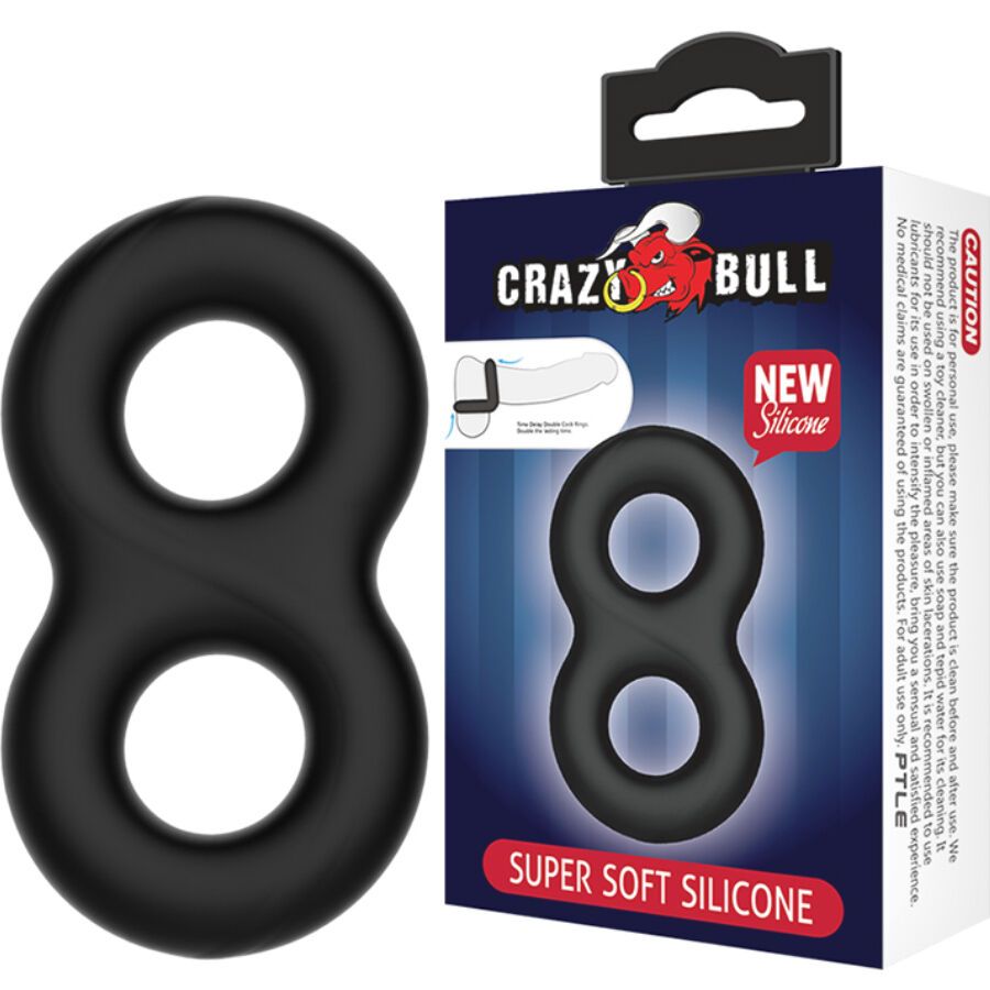 Verpackung mit schwarzem Penisring. Aufdruck: Crazy Bull, NEW Silicone, SUPER SOFT SILICONE. Produktabbildung.
