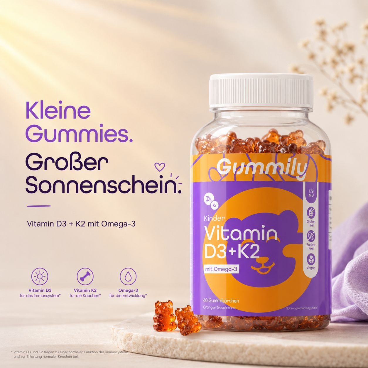 Gummily Kinder Vitamin D3+K2 Flasche mit Gummibärchen, Sonnenlicht-Thema.
