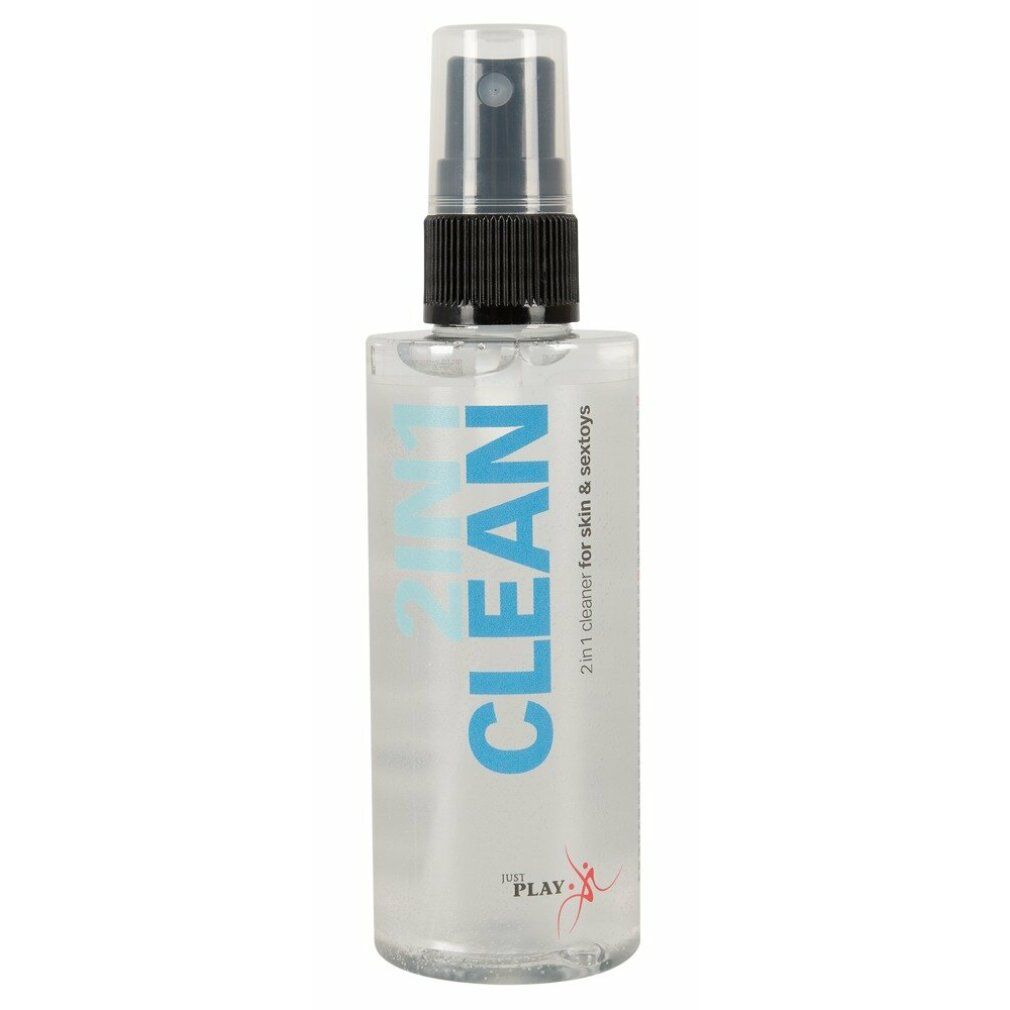 Transparente Flasche mit Sprühkopf. Aufschrift "2IN1 CLEAN" und "2in1 cleaner for skin & sextoys". Marke: Just Play.