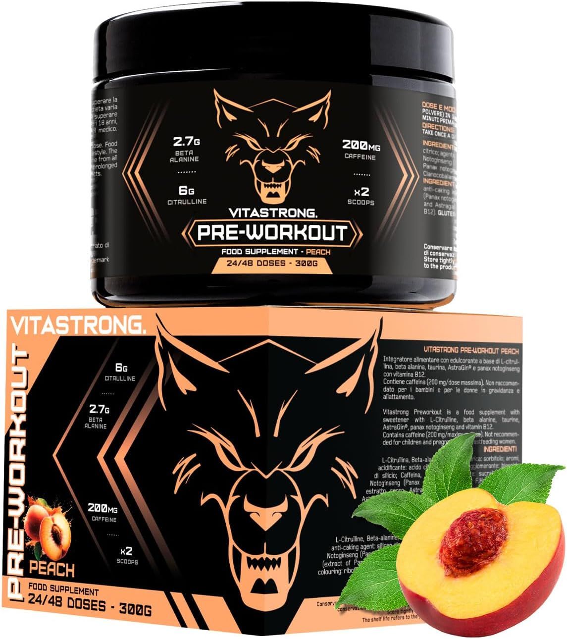 Dose und Schachtel mit Vitastrong Pre-Workout. Aufschrift: 2.7g Beta Alanin, 200mg Koffein, 6g Citrullin. Pfirsich-Geschmack.