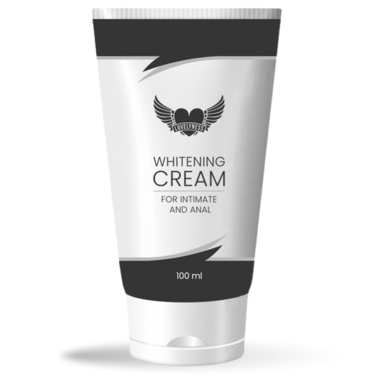 Creme-Tube. Schwarze und weiße Farbgebung. Text: Whitening Cream, für Intim- und Analbereich. 100 ml.
