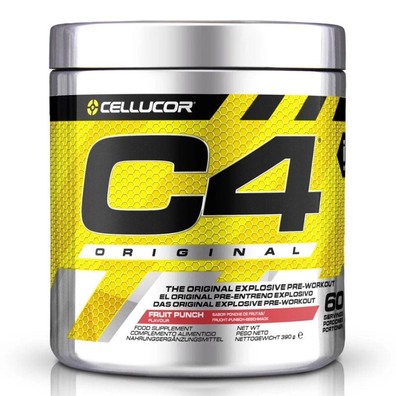 Cellucor C4 Original. Dose mit gelbem Etikett, schwarzem C4-Logo und Text. Enthält 60 Portionen. Geschmacksrichtung: Fruit Punch.