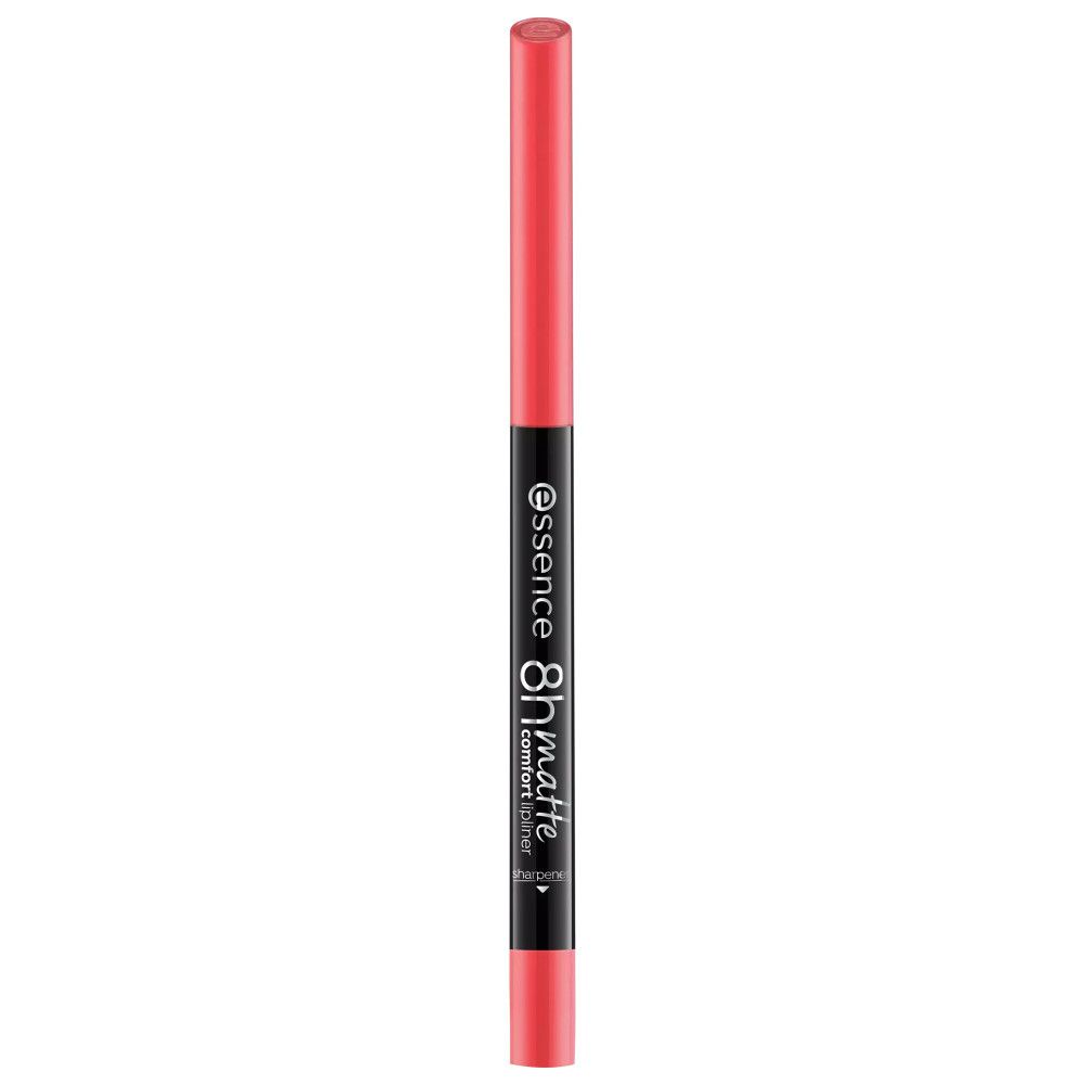 Lippenstiftstift mit roter Spitze. Schwarzer Stift mit Aufschrift "essence 8h matte comfort lip liner".