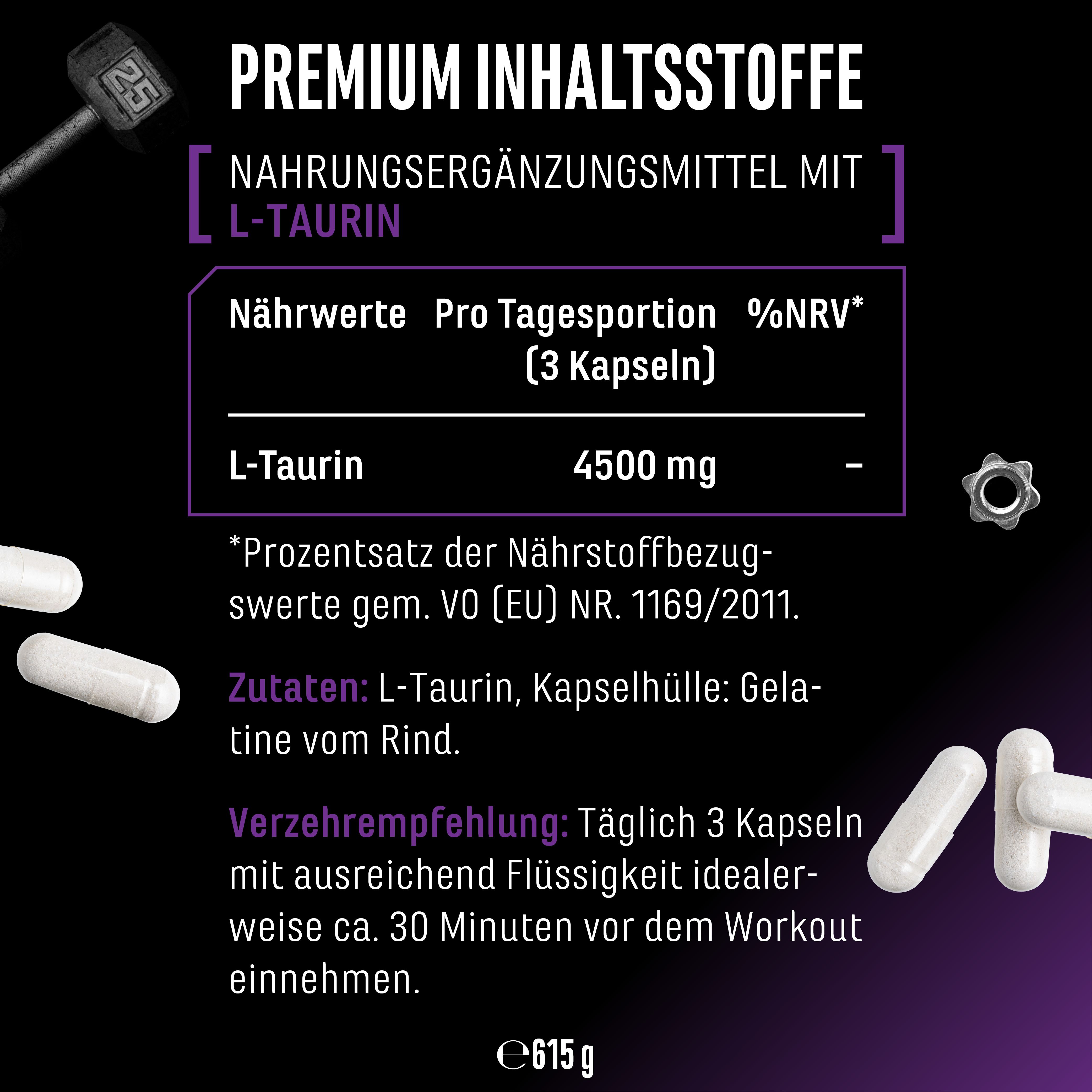 Nahaufnahme der Inhaltsstoffe von L-Taurin Ultra Caps. Enthält Informationen zu Nährwerten und Zutaten pro Tagesportion.