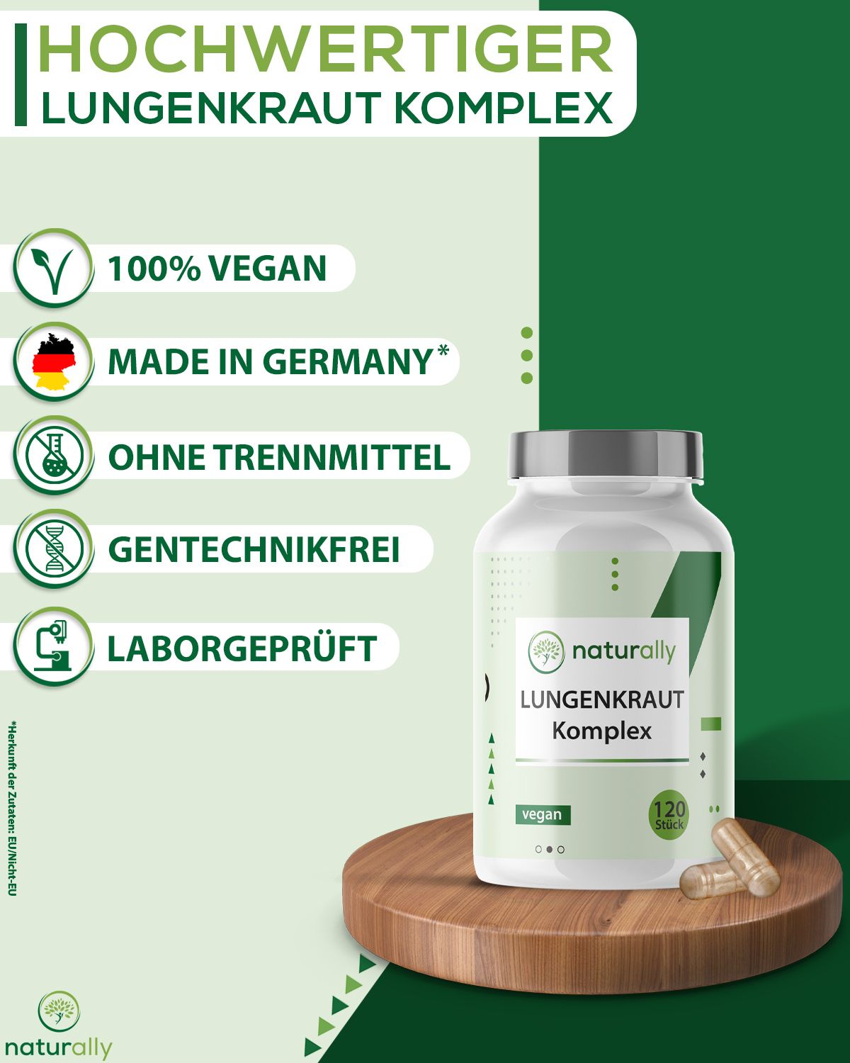 Flasche mit Aufschrift: naturally Lungenkraut Komplex, 120 Kapseln. Logos: vegan, Made in Germany, Laborgeprüft.