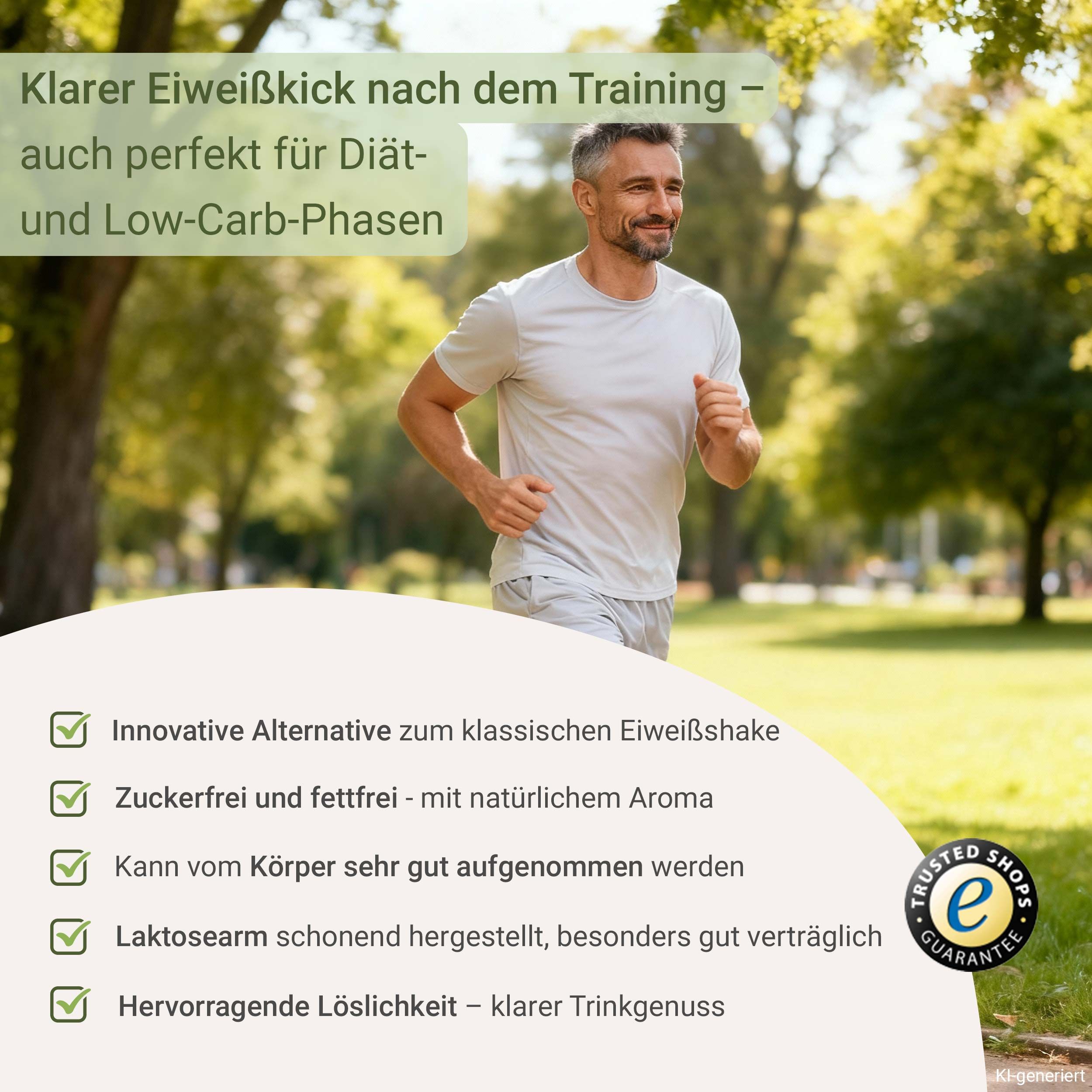 Mann läuft im Park, umgeben von grünen Bäumen und Text-Highlights zu Clear Whey Protein.