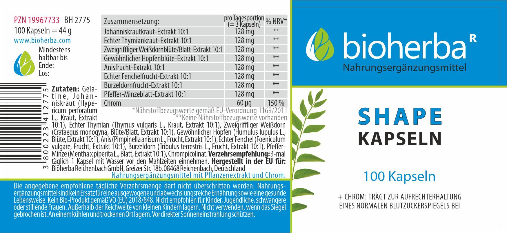 Produktverpackung mit Text. Enthält Informationen zu Inhaltsstoffen und Nährwertangaben. Marke: Bioherba, Produkt: Shape Kapseln.