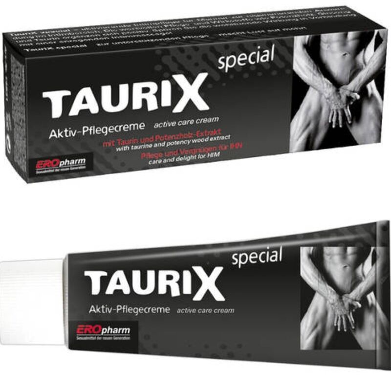 TauriX special Tube und Schachtel. Schwarze Schachtel und Tube. Text: TauriX, Aktiv-Pflegecreme. Abbildung: Mann.