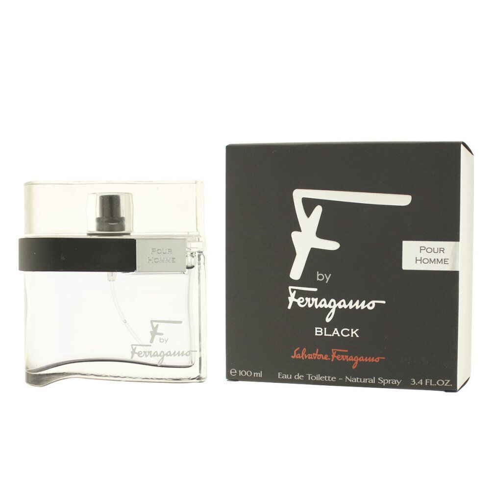 Schwarzer Karton und Flakon. Auf dem Karton steht "F by Ferragamo Black". Der Flakon hat einen schwarzen Streifen und einen transparenten Deckel.