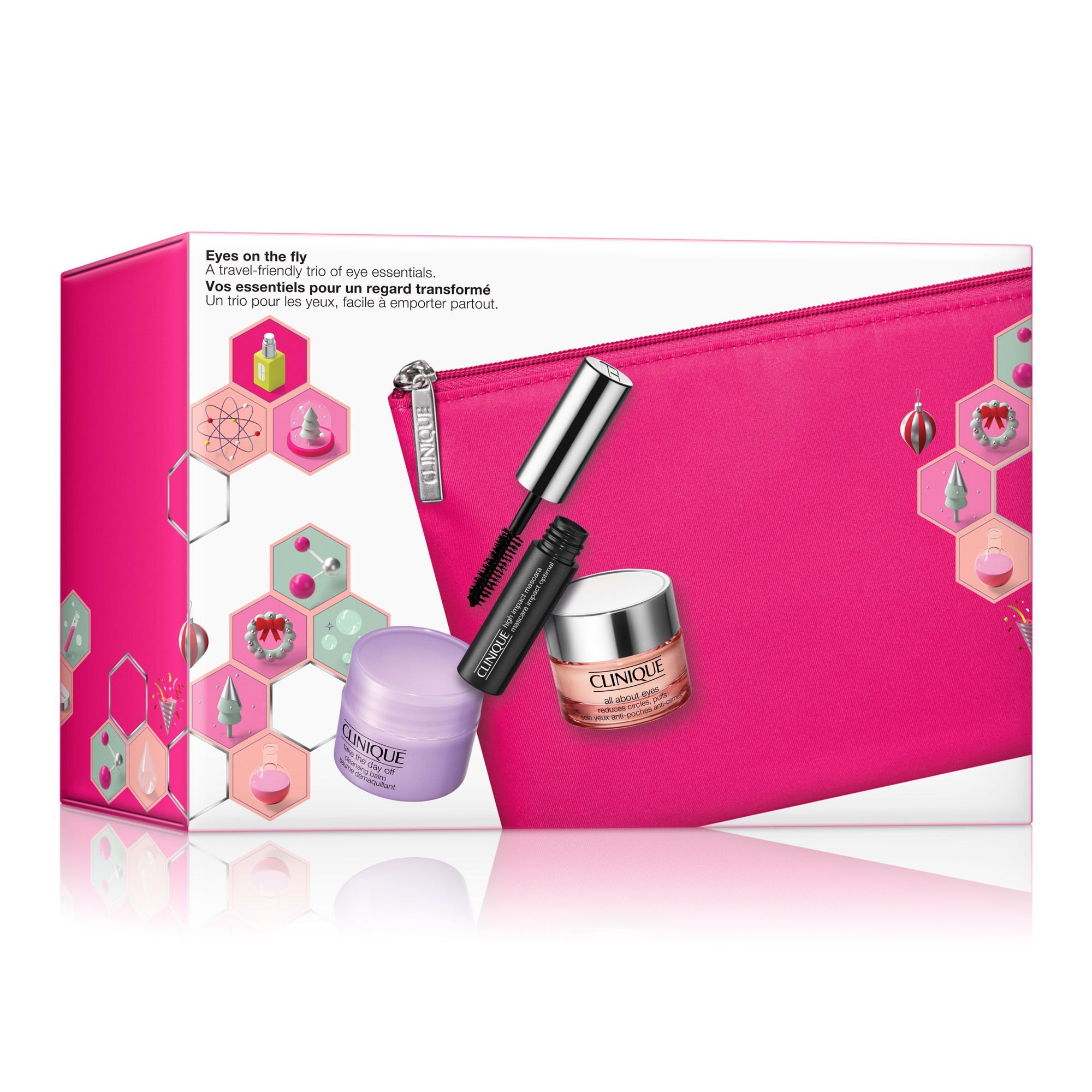 Geschenkset CLINIQUE Eyes on the fly. Rosa Kosmetiktasche mit Mascara, Augencreme und Augenpflege. Verpackung mit Logo und Text.