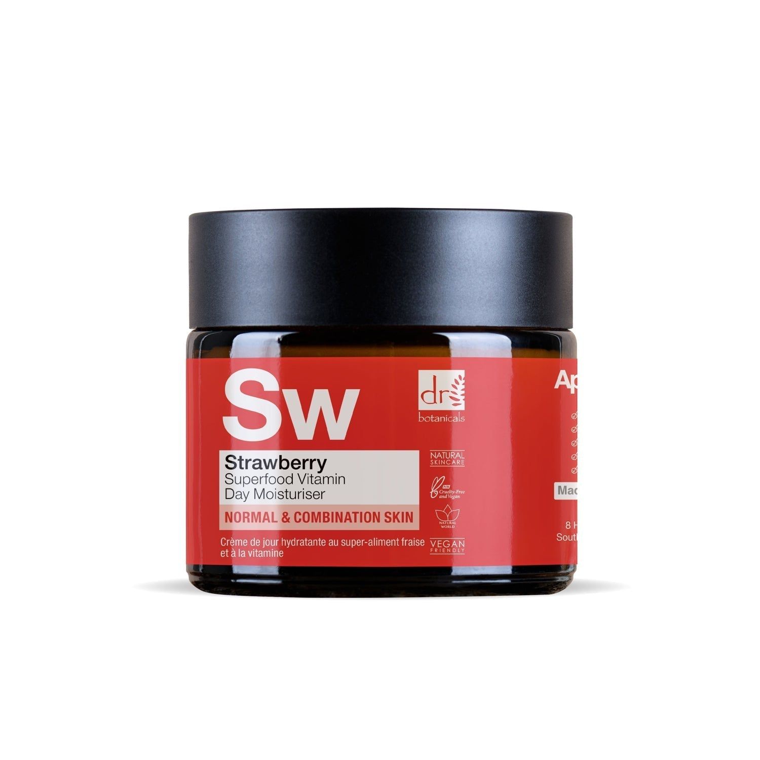 Rote Creme-Dose mit schwarzem Deckel. Aufschrift: Strawberry Superfood Vitamin C Day Moisturiser. Marke: Dr Botanicals.