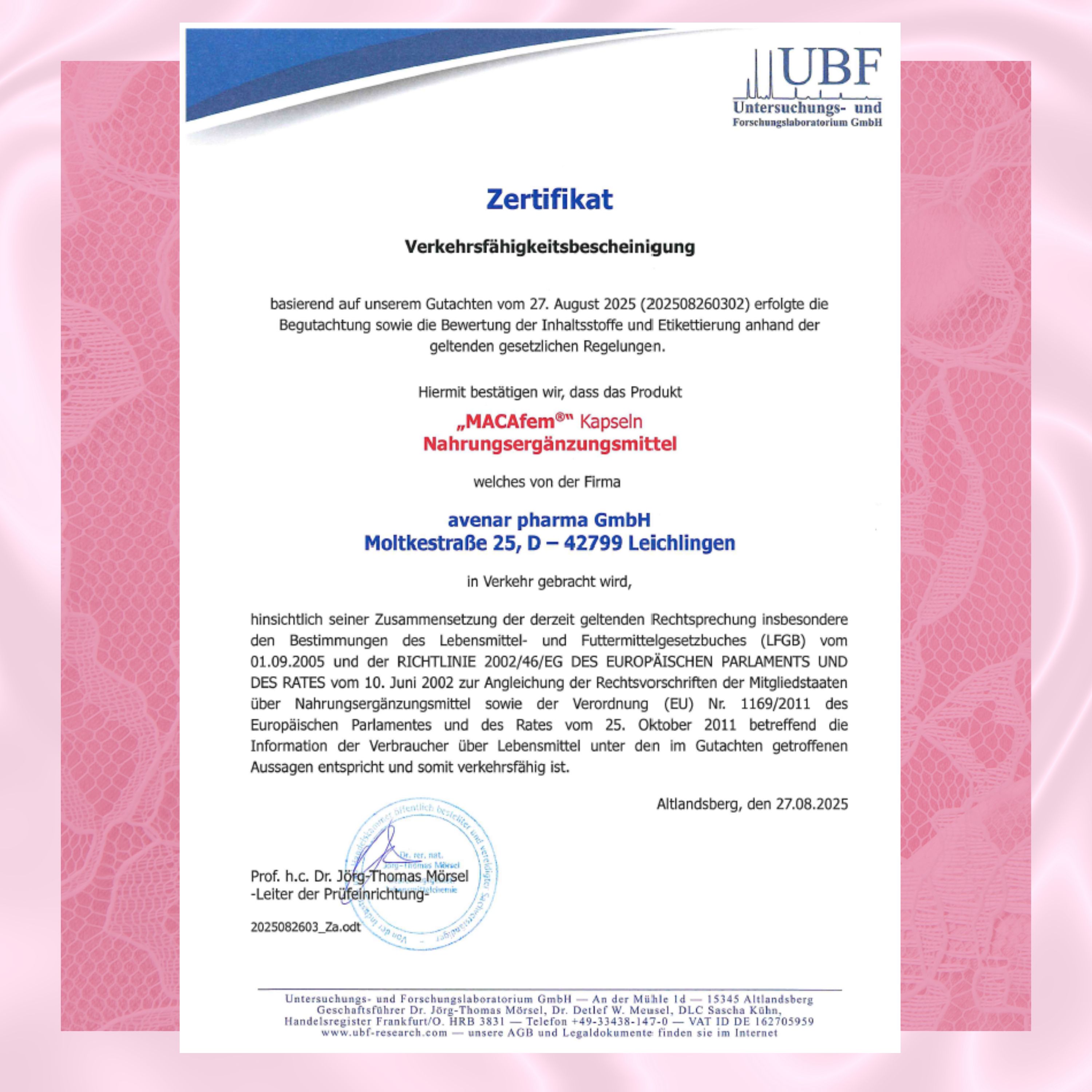 Zertifikat mit Text. UBF-Logo. Text: MACAfem® Kapseln Nahrungsergänzungsmittel. Unterschrift.
