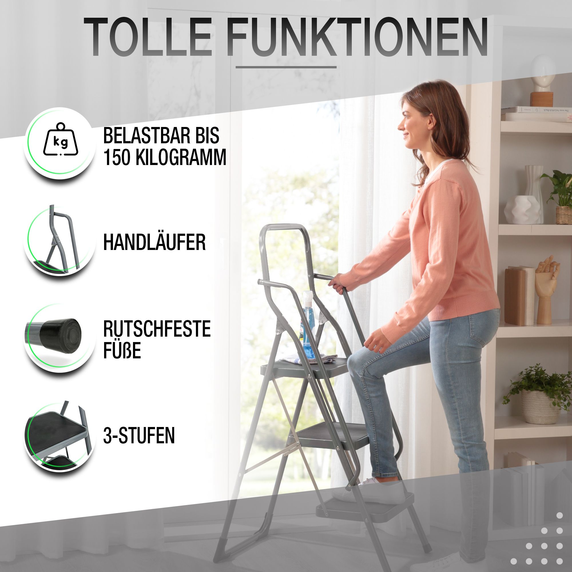 Leiter mit 3 Stufen, Handläufen und rutschfesten Füßen. Text: Belastbar bis 150 kg, Handläufer, rutschfeste Füße, 3 Stufen.