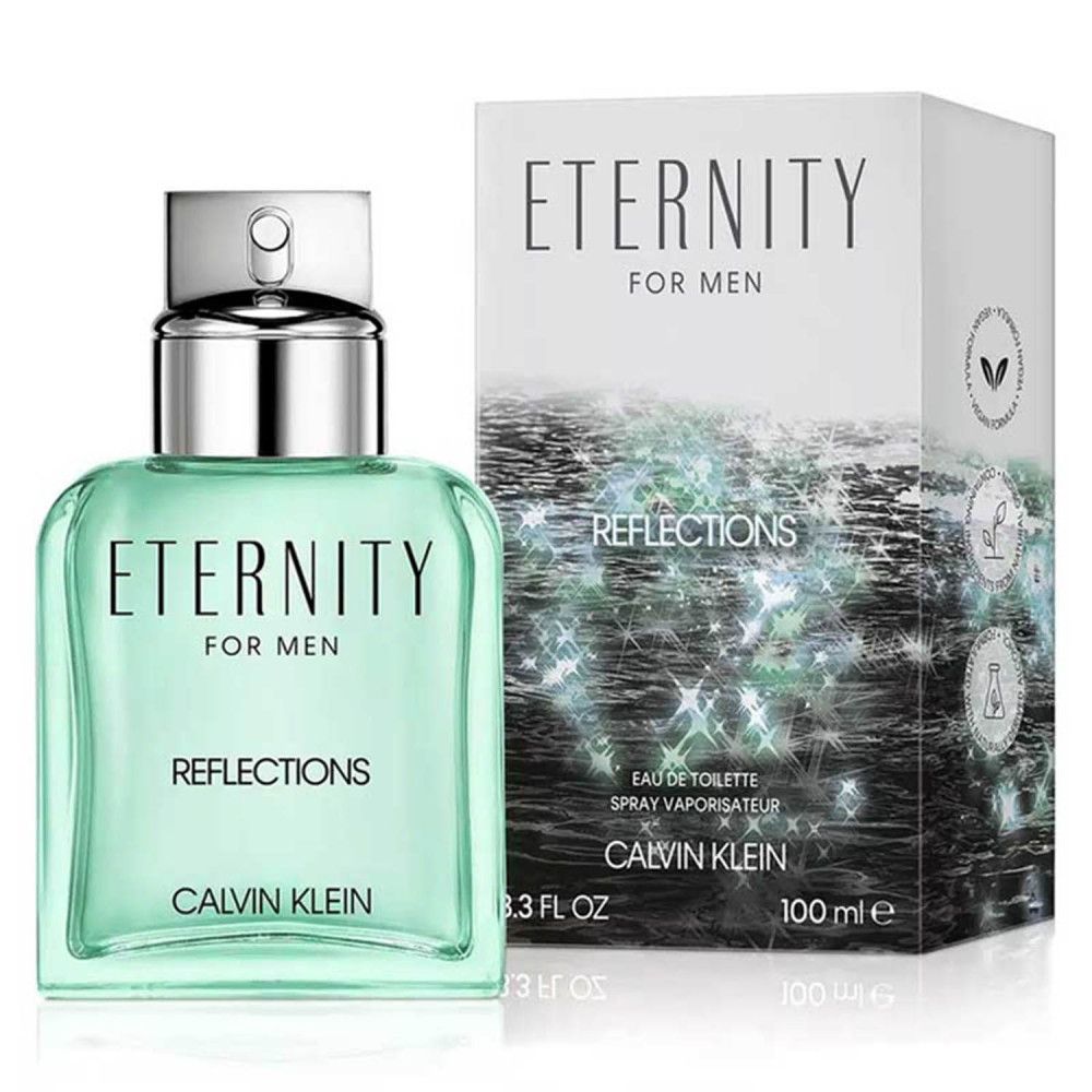 Hellgrüner Flakon und Verpackung. Aufschrift: Eternity for Men Reflections, Calvin Klein. 100 ml.