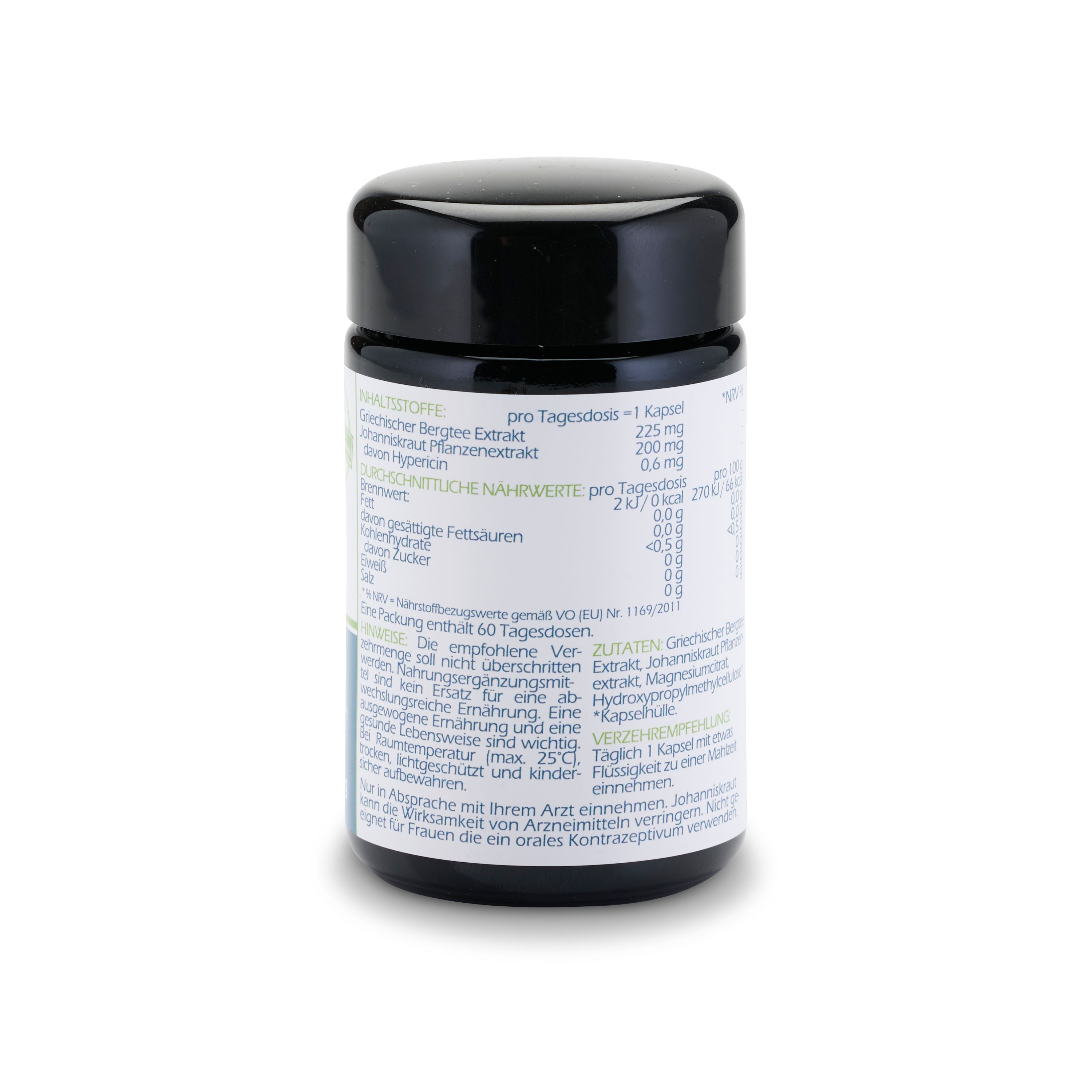 Rückseite der Dose. Enthält Informationen zu Inhaltsstoffen und Nährwerten. Text in deutscher Sprache. Schwarzer Deckel.