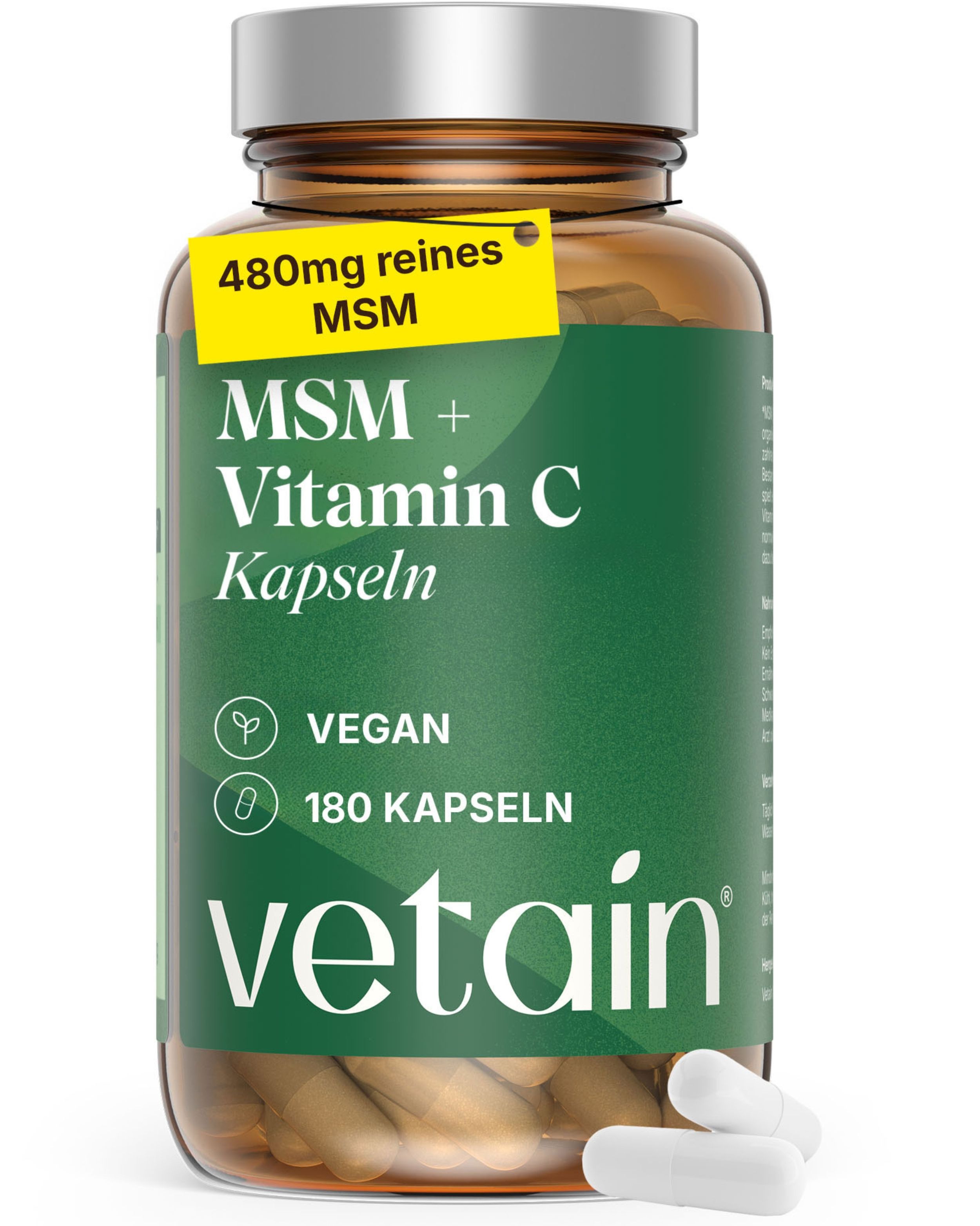 VETAIN MSM Kapseln mit Vitamin C, 180 Kapseln, vegan, in Braunglasflasche.