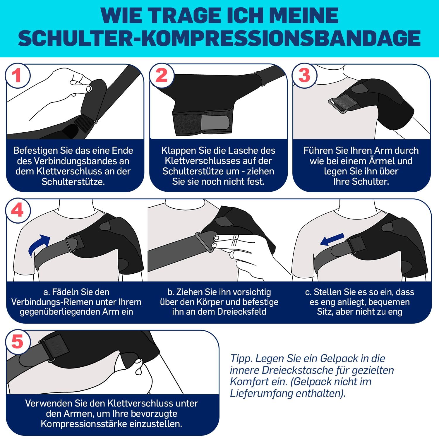 Schwarze Schulter-Kompressionsbandage, verstellbar.