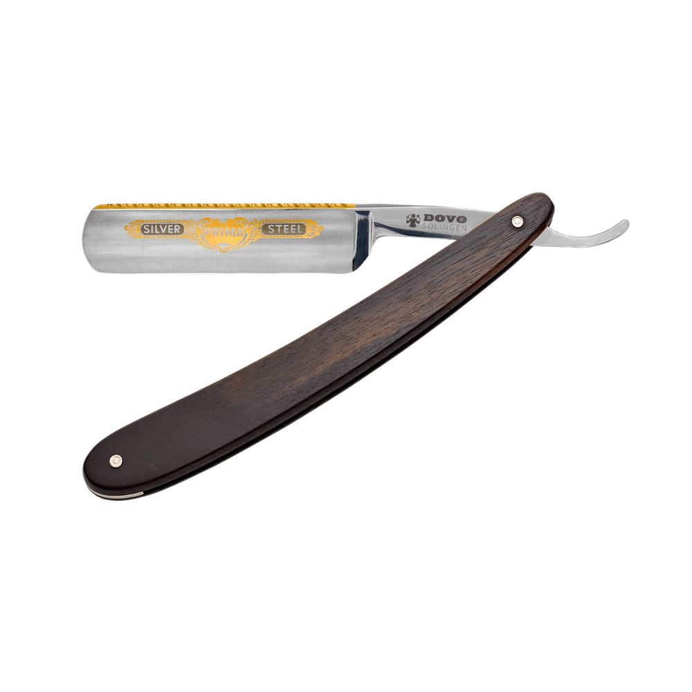 DOVO Rasiermesser mit dunklem Holzgriff und silberner Klinge.