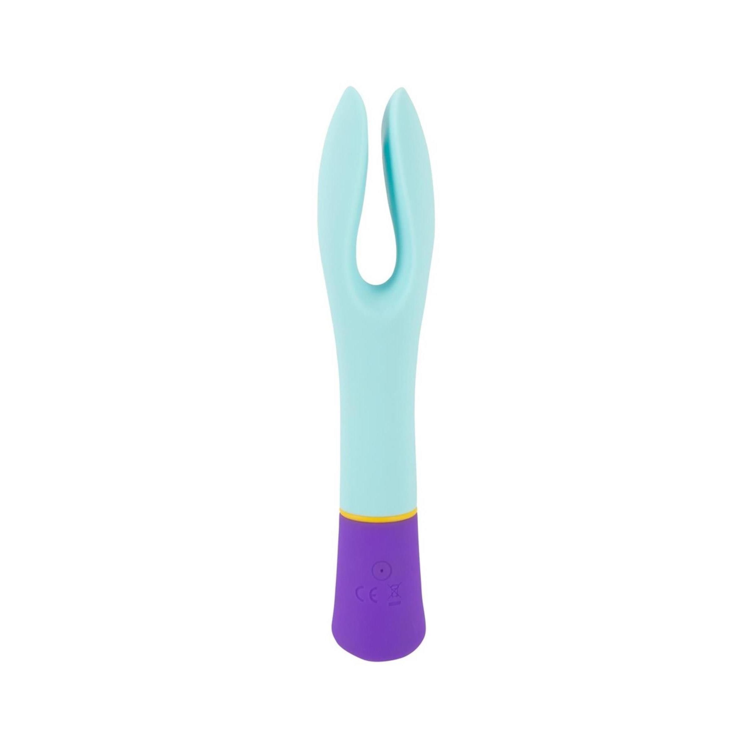 Hellblau-lila Vibrator mit zwei Motoren. Der Vibrator hat eine U-Form mit einem lila Griff und einem gelben Akzent.