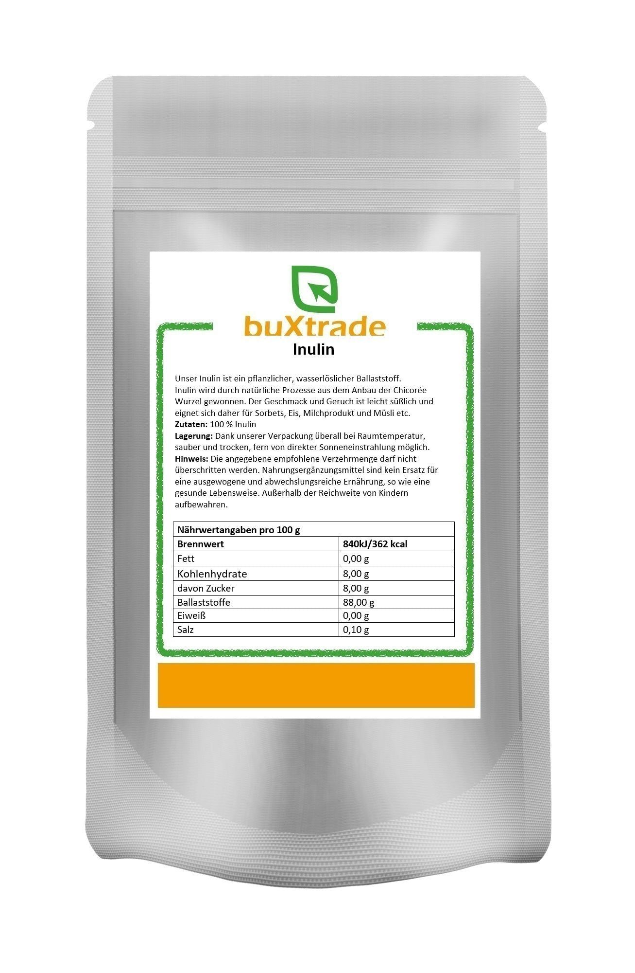 Beutel mit Inulin Pulver. Aufdruck mit Produktinformationen und Nährwerttabelle. Marke: buXtrade.