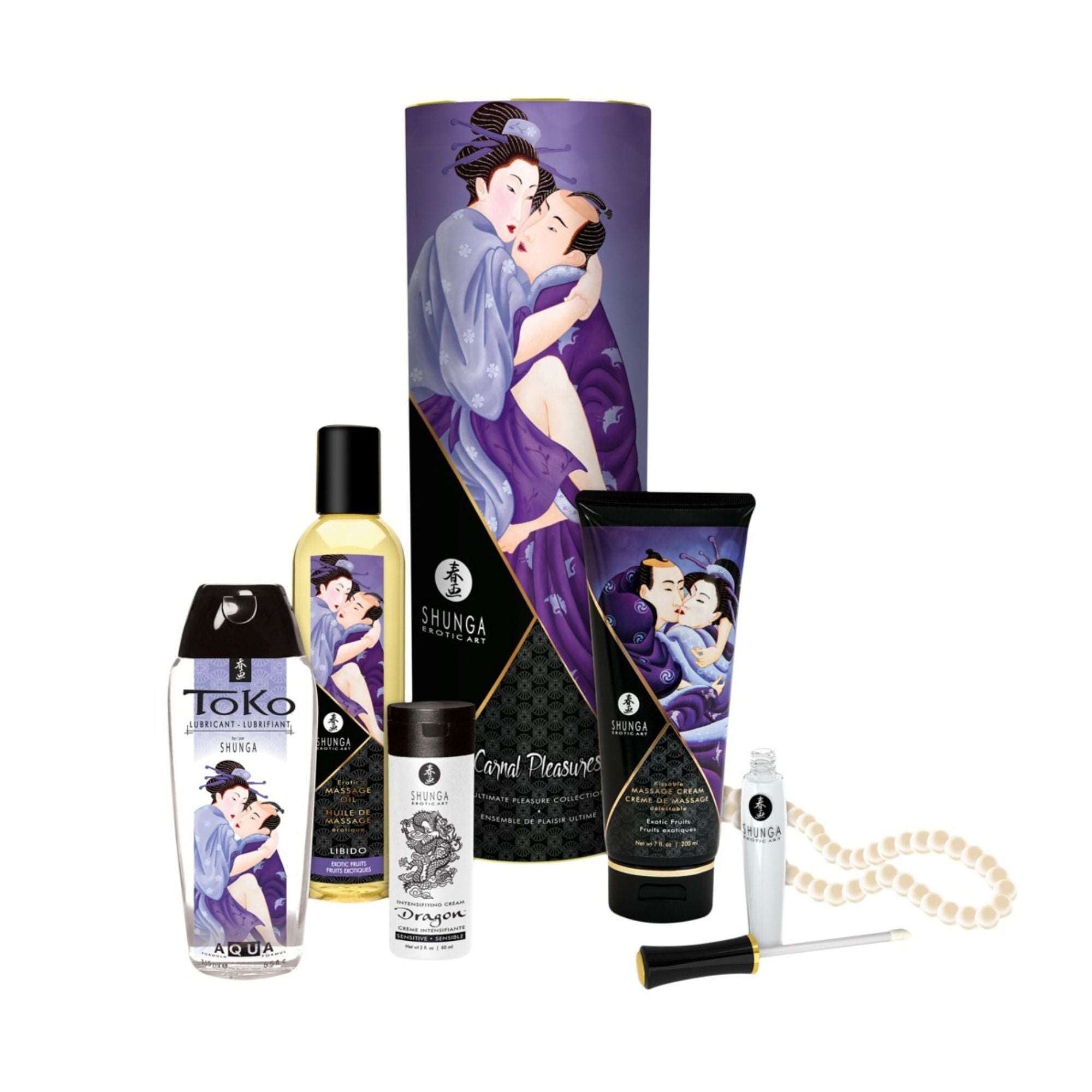 Massage-Set mit Öl, Creme, Lipgloss und Perlenkette. Verschiedene Produkte mit Shunga-Logo und Illustrationen.