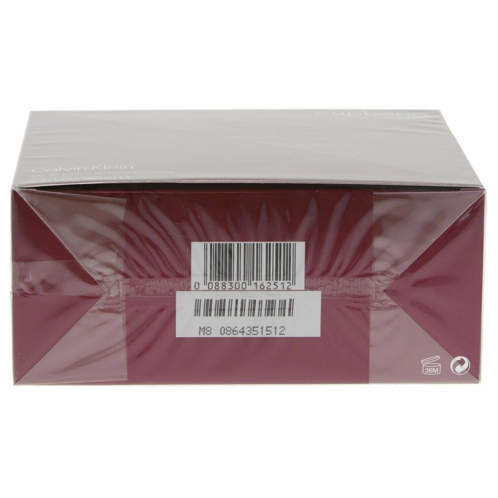 Verpackung des Parfüms. Die Verpackung ist rot und trägt den Schriftzug "Calvin Klein". Barcode und Produktinformationen sind sichtbar.