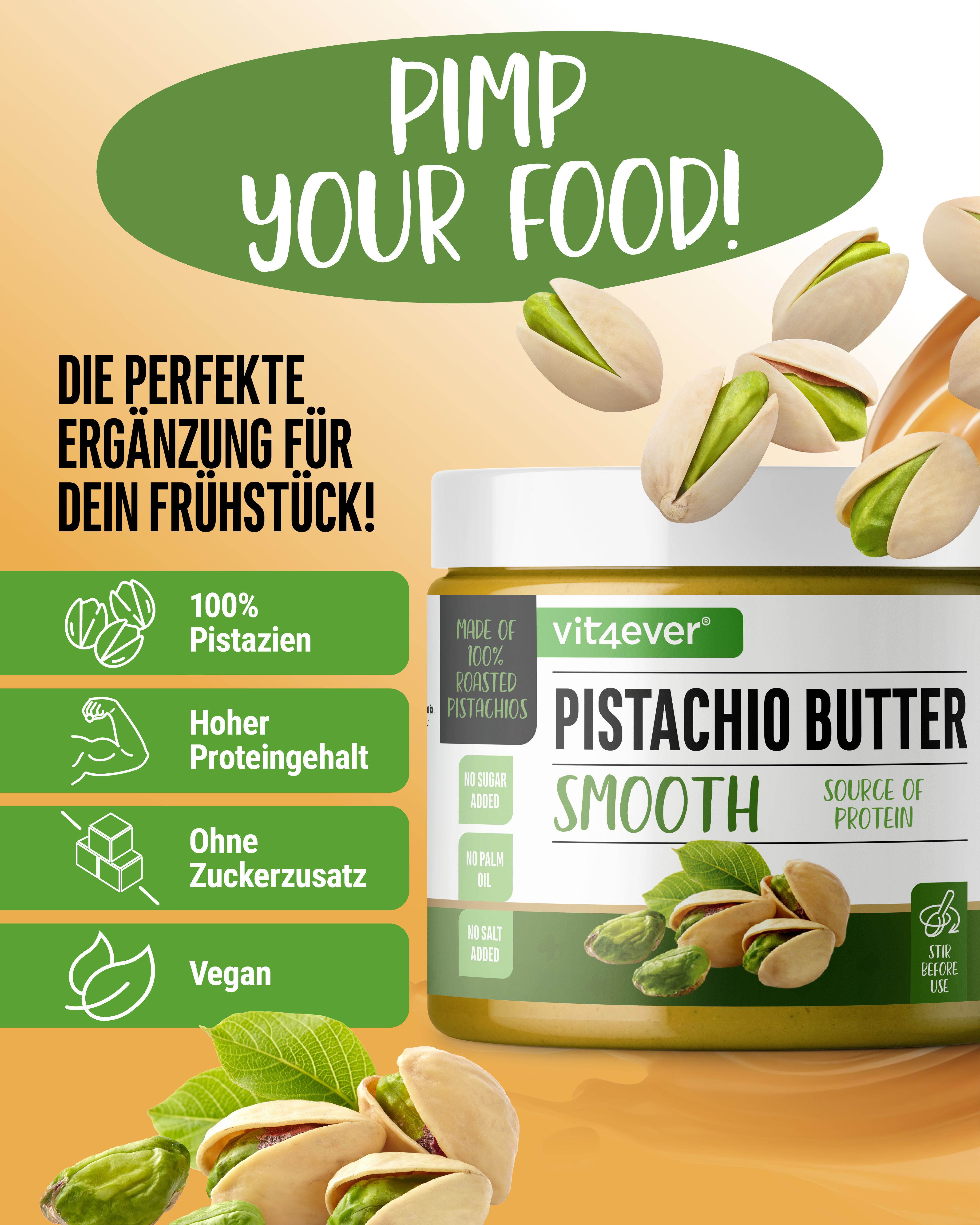 Glas mit Pistazienbutter. Aufschrift: Pistachio Butter Smooth. Zusatzinformationen: 100% Pistazien, hoher Proteingehalt, ohne Zuckerzusatz, vegan.
