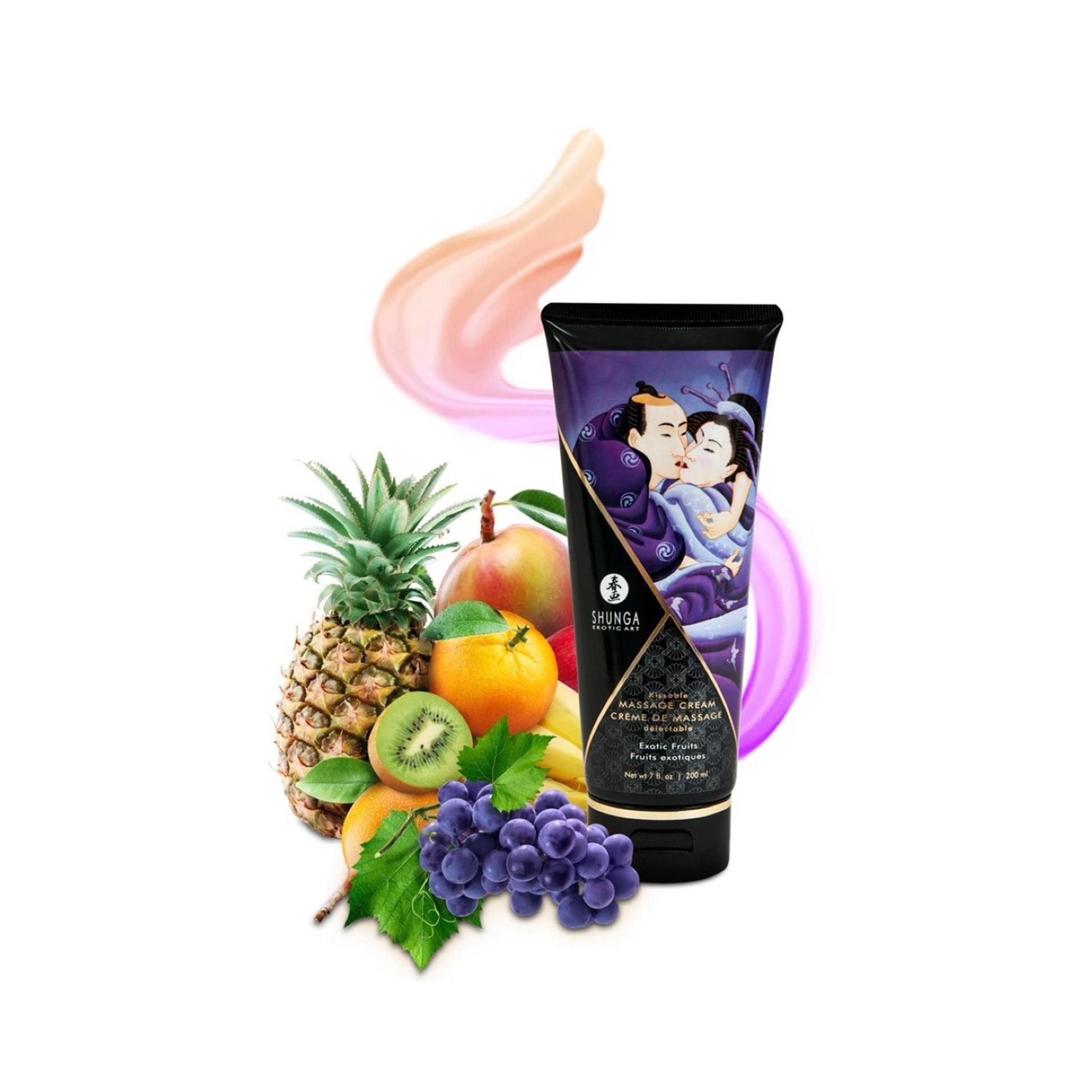 Tube mit Massagecreme, Illustration eines Paares. Früchte: Ananas, Kiwi, Mango, Trauben und Orange.