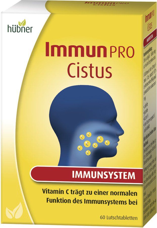 Verpackung von Hübner ImmunPro Cistus Lutschtabletten. Gelbe Schachtel mit Produktnamen, Illustration eines Gesichts und Text.