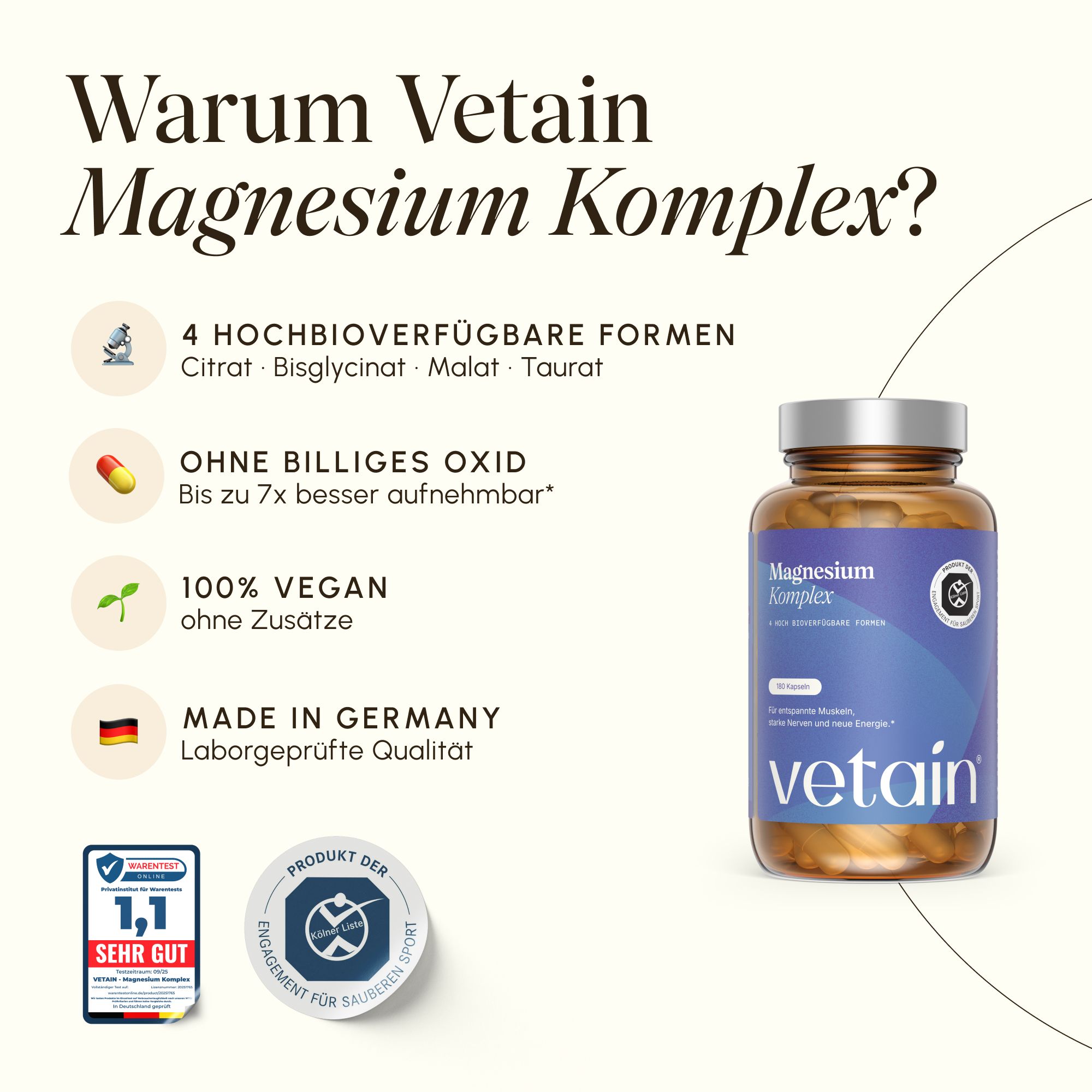 VETAIN Magnesium Komplex: 4 hochbioverfügbare Formen, vegan, Made in Germany, Laborgeprüfte Qualität.