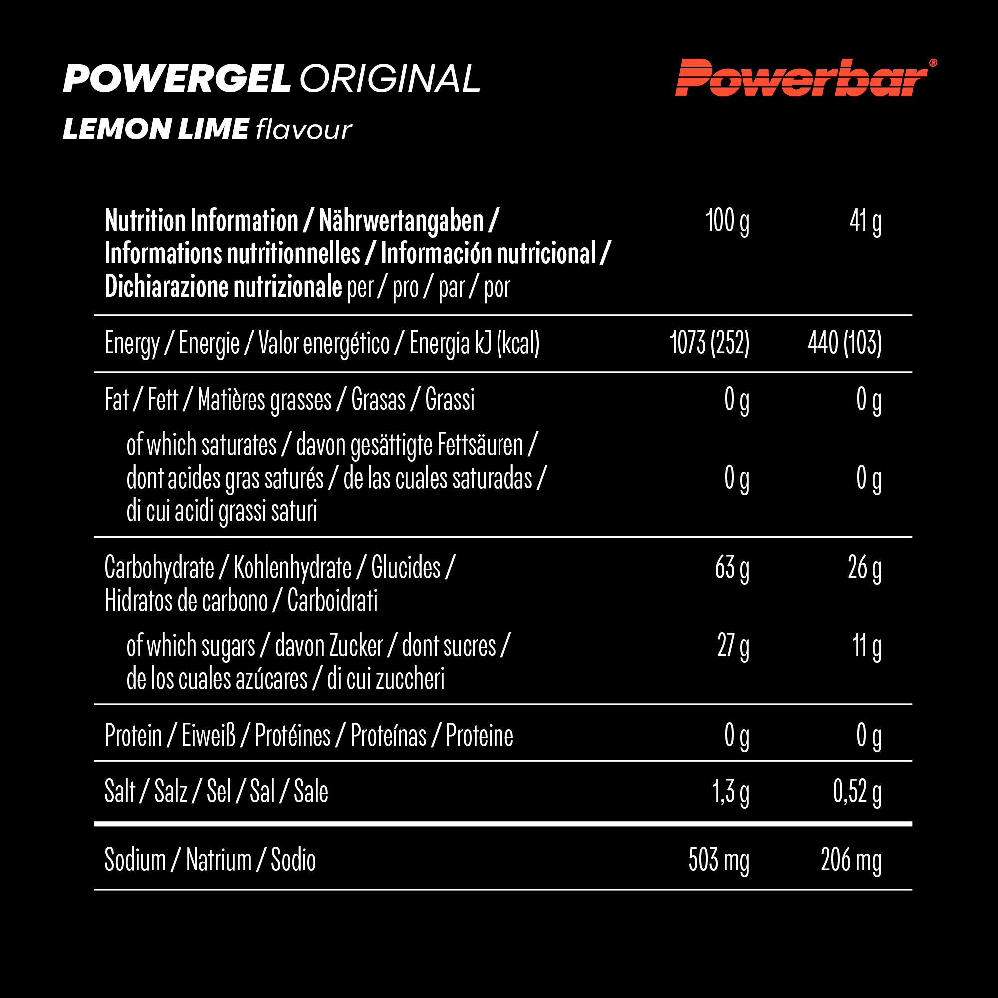 Nährwerttabelle von Powerbar PowerGel Original. Informationen zu Energie, Fett, Kohlenhydraten, Protein und Salz.