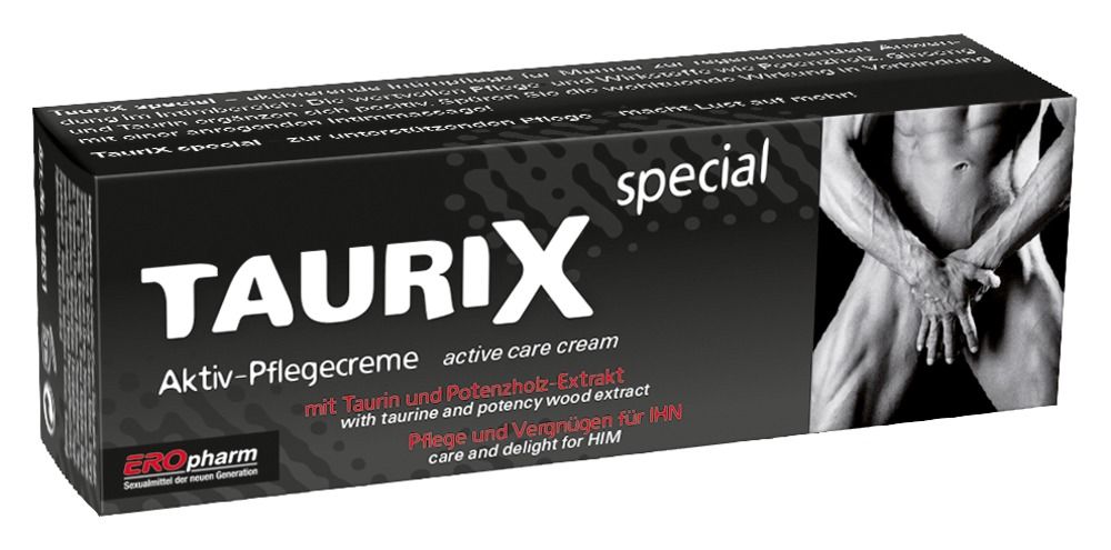TauriX special Schachtel. Schwarze Schachtel. Text: TauriX, Aktiv-Pflegecreme. Abbildung: Mann.