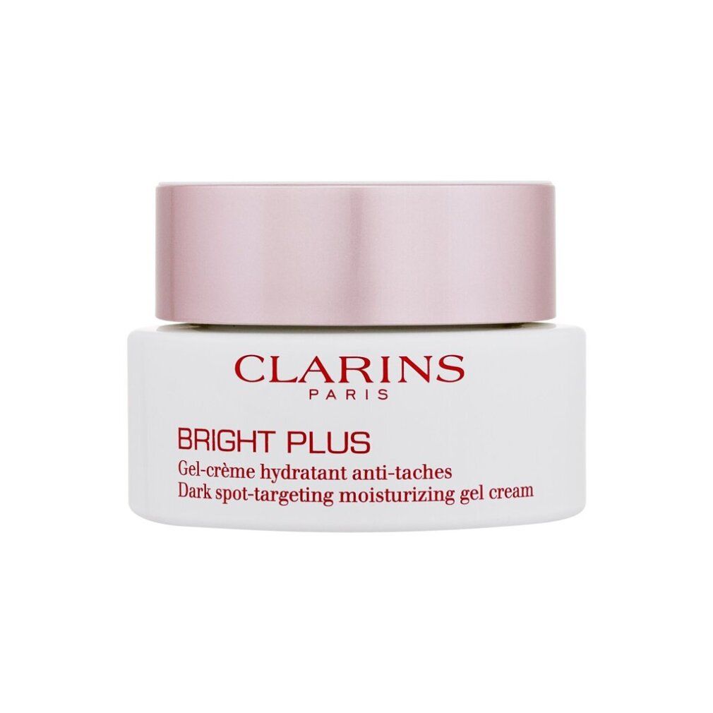 Weißer Tiegel mit rosa Deckel. Aufschrift: CLARINS PARIS, BRIGHT PLUS. Gel-Crème hydratant anti-taches. Dark spot-targeting moisturizing gel cream.