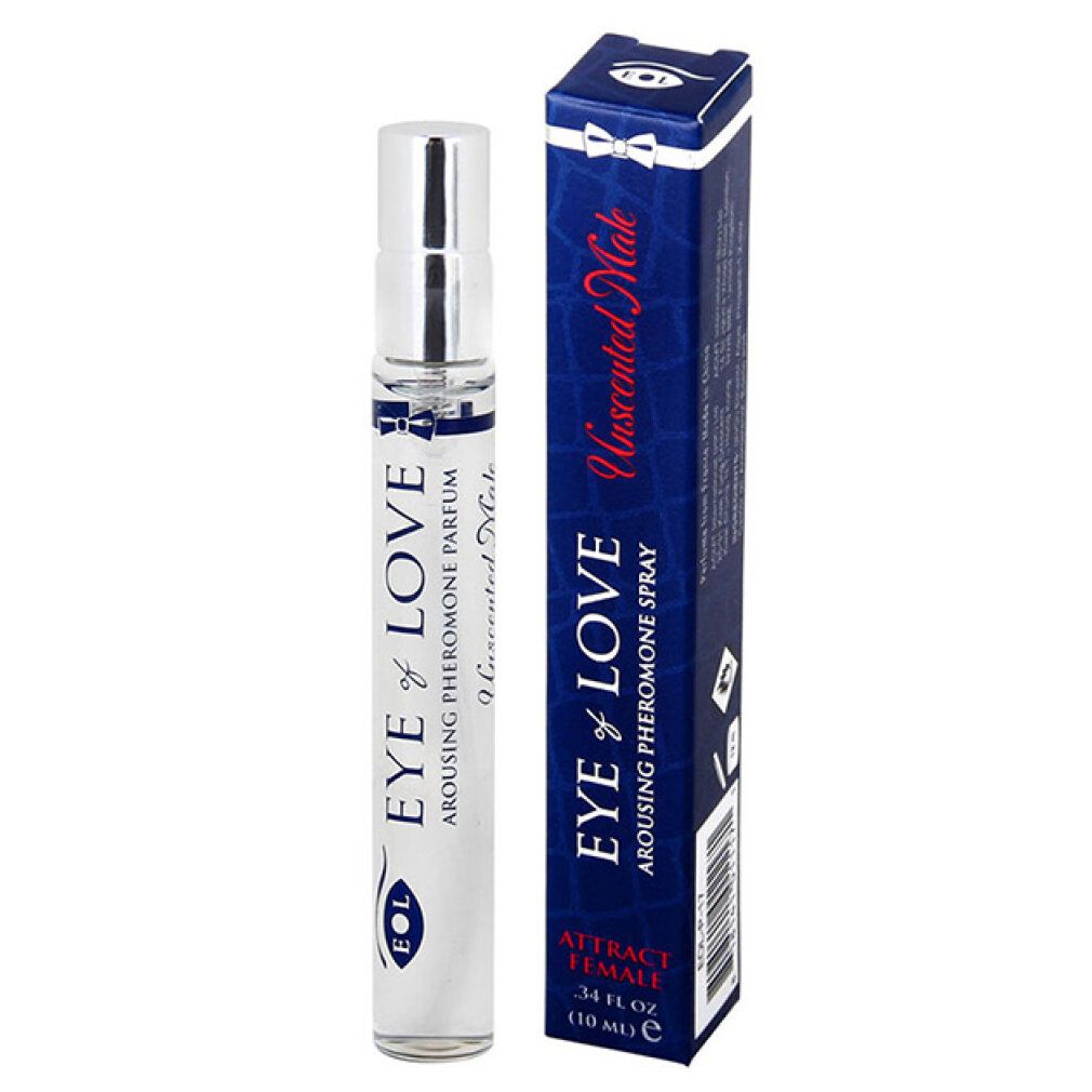 Ein Flakon und eine Schachtel des "Eye of Love" Pheromon-Sprays für Männer, geruchlos.