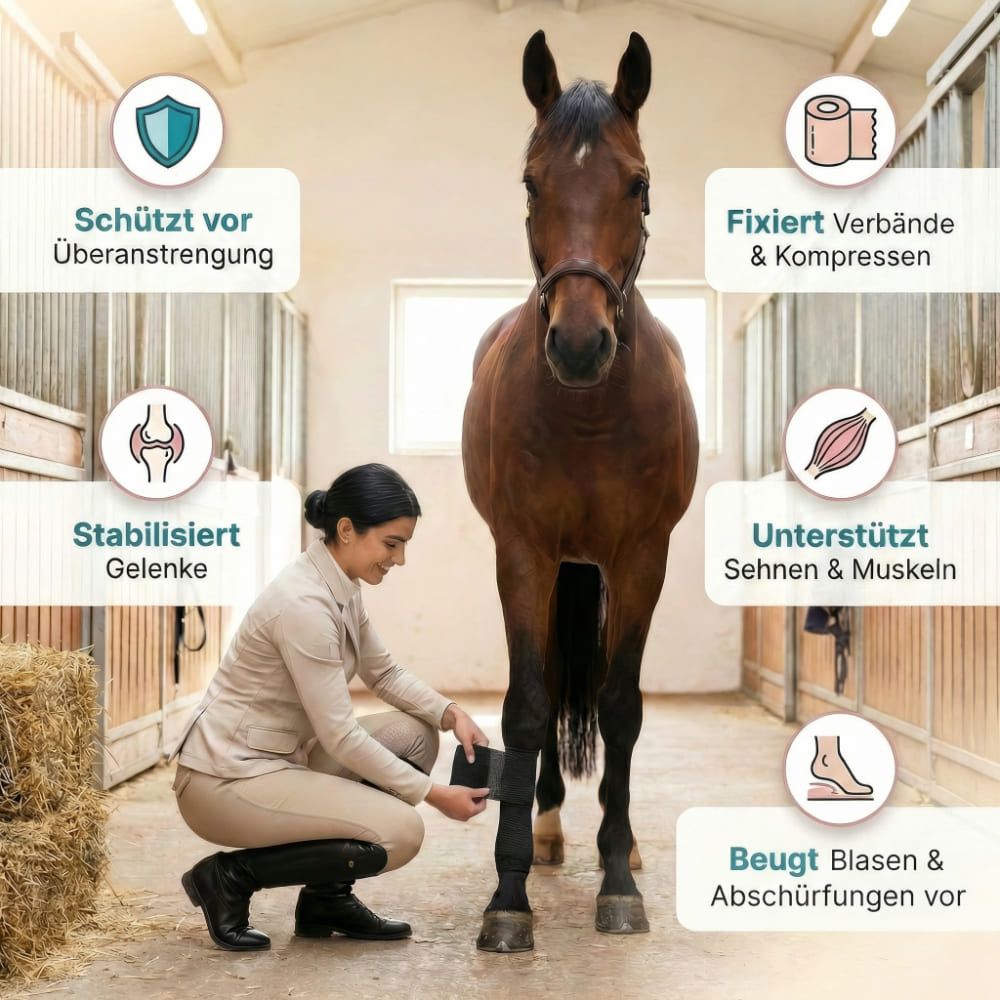 Frau legt Pferd Bandage an. Text: Fixiert Verbände, stabilisiert Gelenke, unterstützt Sehnen & Muskeln, beugt Blasen vor.