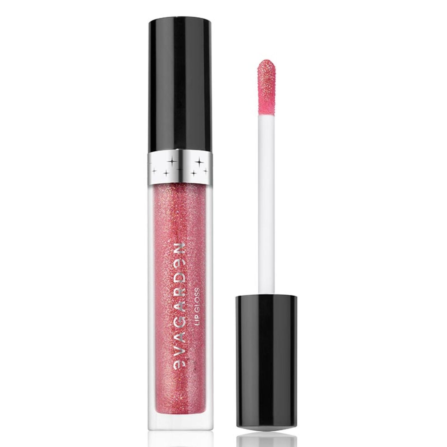 Lipgloss-Tube mit schwarzem Deckel und Applikator. Rosa glitzernde Textur sichtbar. Schriftzug: BVAGARDON LIP GLOSS.