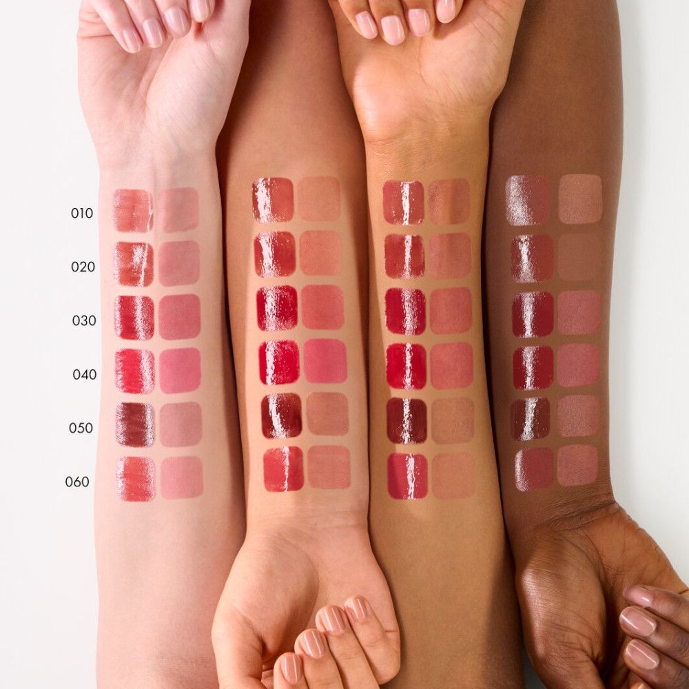 Arme mit Farbmustern von Catrice Colour Glaze Lip Tint. Verschiedene Hauttöne zeigen die Farbtöne 010 bis 060.